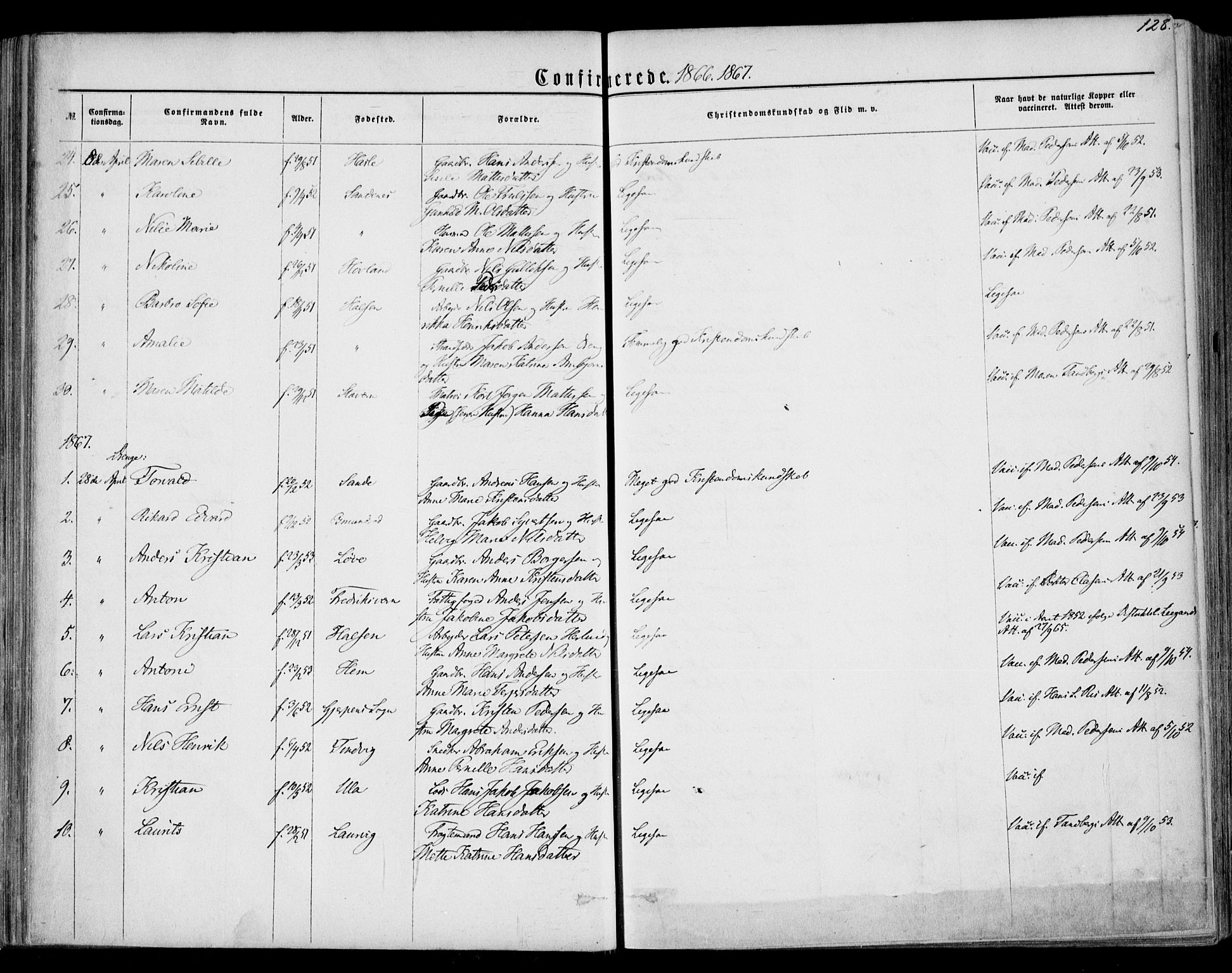 Tjølling kirkebøker, SAKO/A-60/F/Fa/L0007: Parish register (official) no. 7, 1860-1876, p. 128