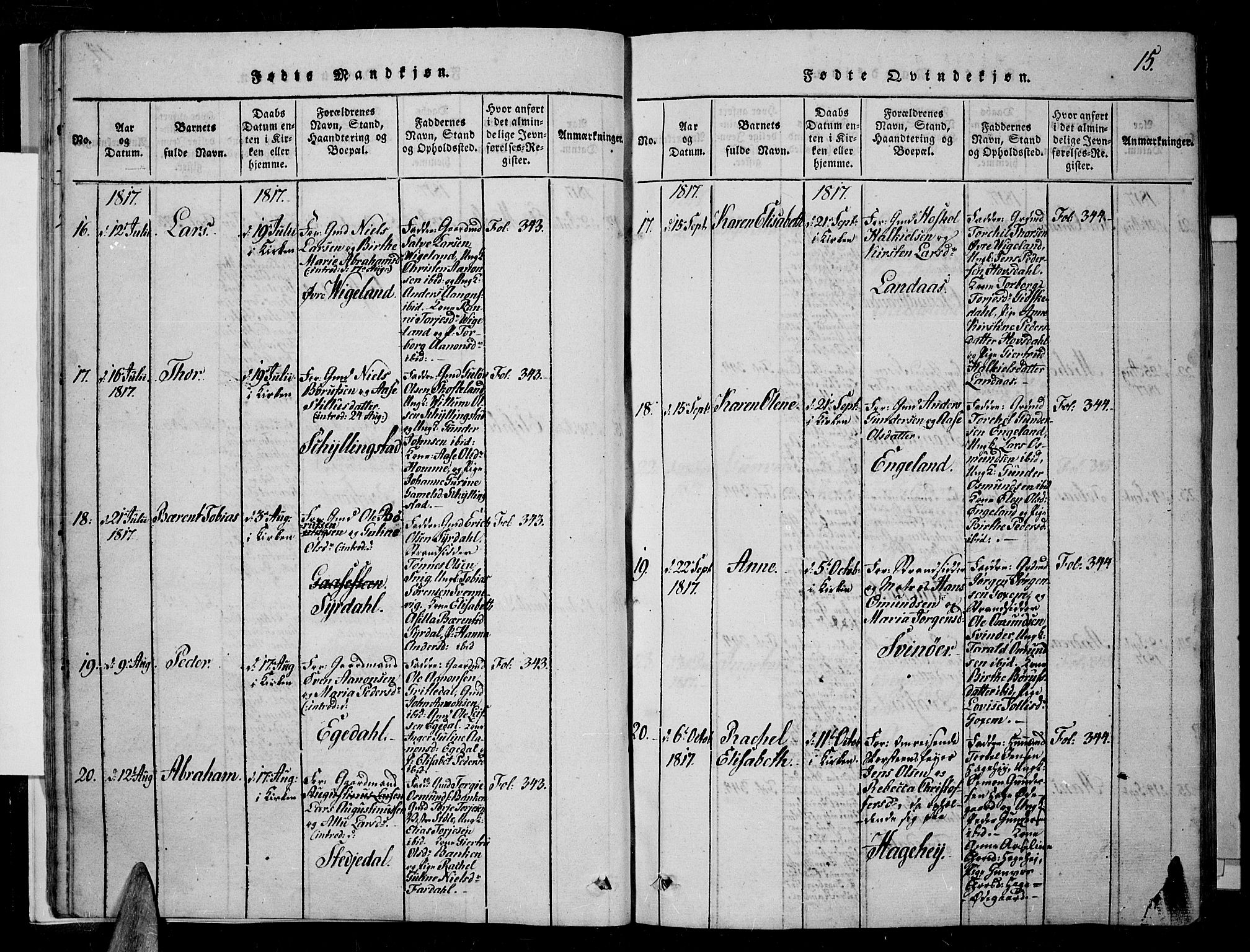 Sør-Audnedal sokneprestkontor, AV/SAK-1111-0039/F/Fa/Fab/L0005: Parish register (official) no. A 5, 1816-1830, p. 15