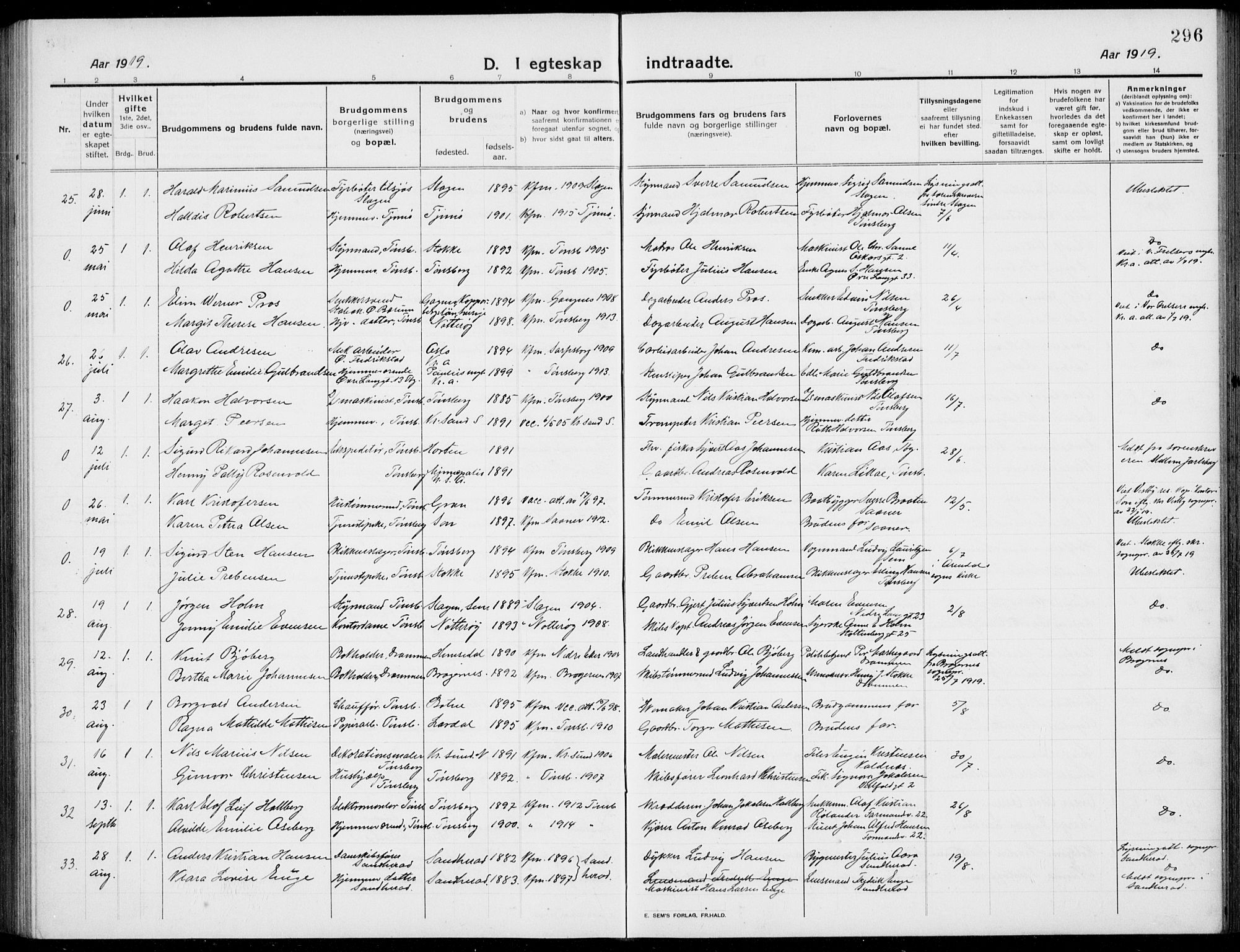 Tønsberg kirkebøker, AV/SAKO-A-330/G/Ga/L0009: Parish register (copy) no. 9, 1913-1920, p. 296