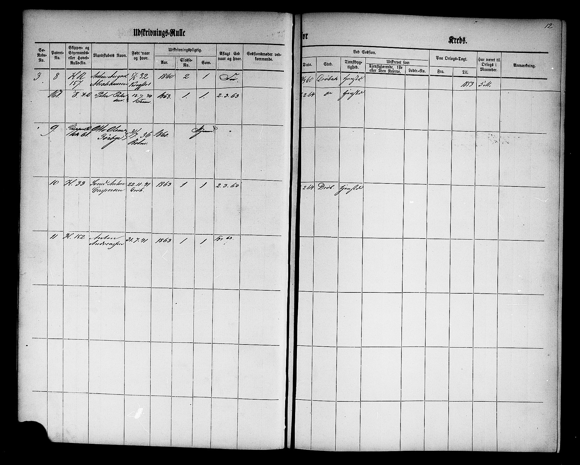 Drøbak mønstringskontor, SAO/A-10569f/F/Fc/Fcc/L0001: Utskrivningsrulle, 1860, p. 12