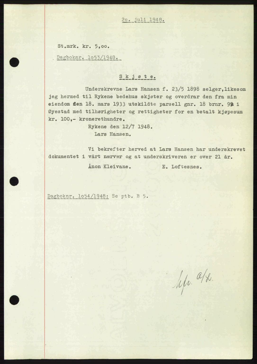 Nedenes sorenskriveri, SAK/1221-0006/G/Gb/Gba/L0059: Mortgage book no. A11, 1948-1948, Diary no: : 1053/1948