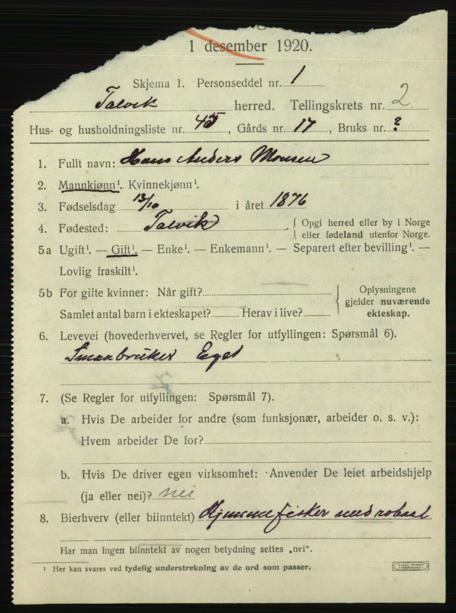 SATØ, 1920 census for Talvik, 1920, p. 2172