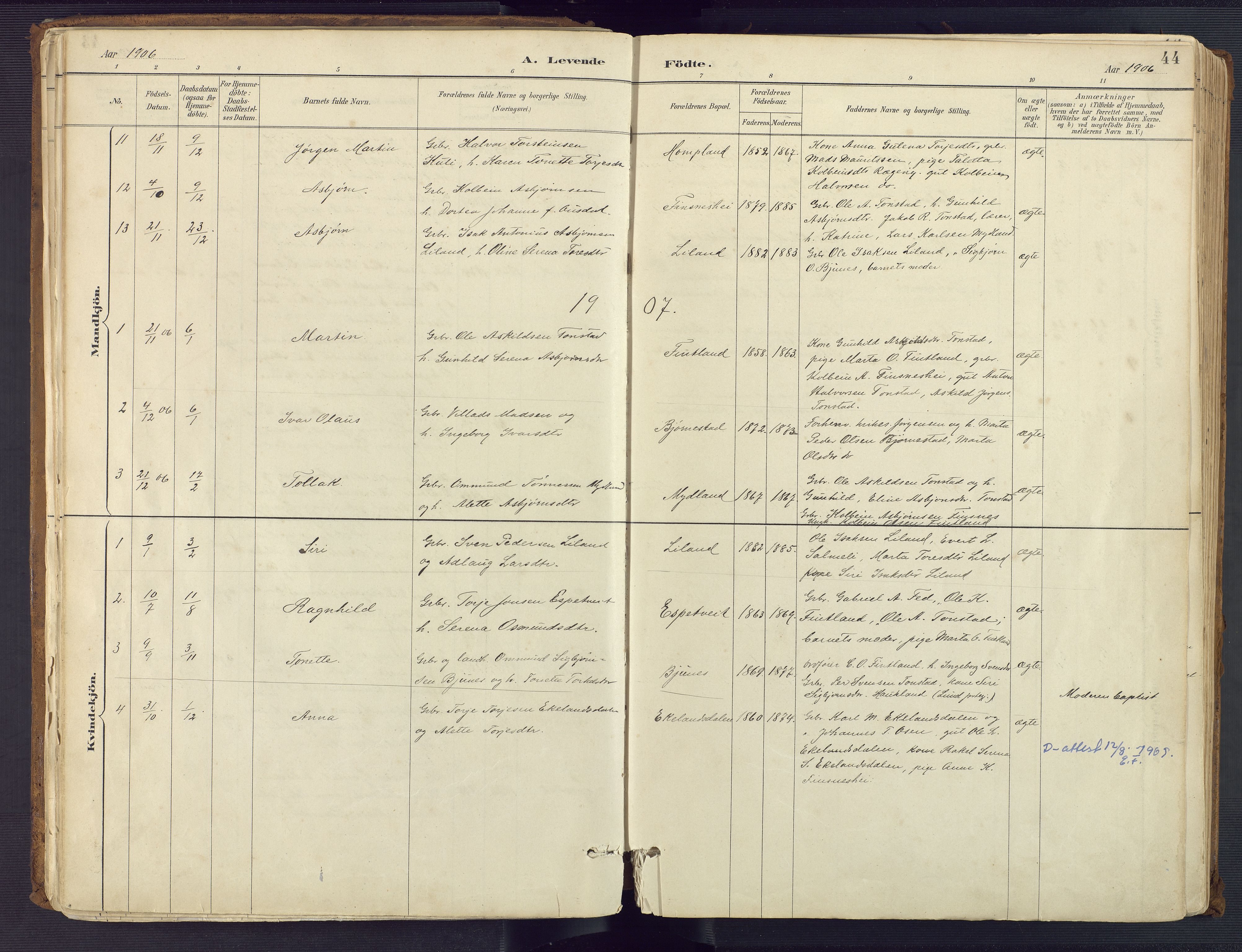 Sirdal sokneprestkontor, AV/SAK-1111-0036/F/Fa/Fab/L0004: Parish register (official) no. A 4, 1887-1919, p. 44