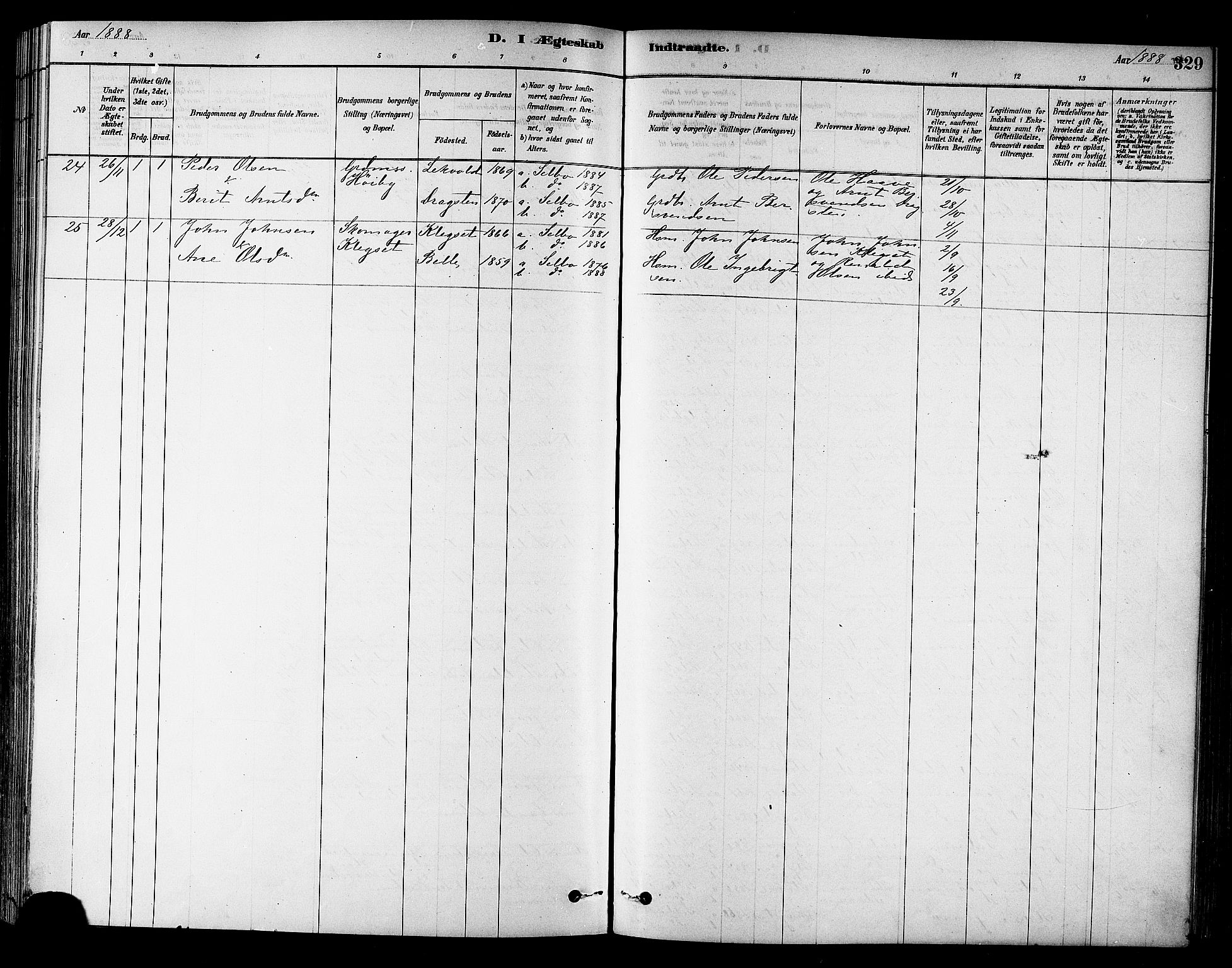 Ministerialprotokoller, klokkerbøker og fødselsregistre - Sør-Trøndelag, SAT/A-1456/695/L1148: Parish register (official) no. 695A08, 1878-1891, p. 329