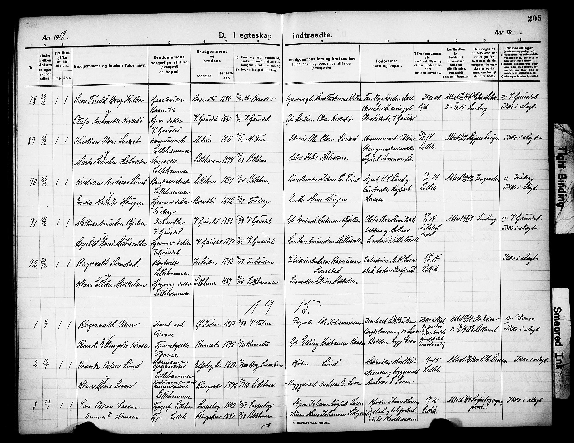 Lillehammer prestekontor, SAH/PREST-088/H/Ha/Hab/L0002: Parish register (copy) no. 2, 1913-1929, p. 205