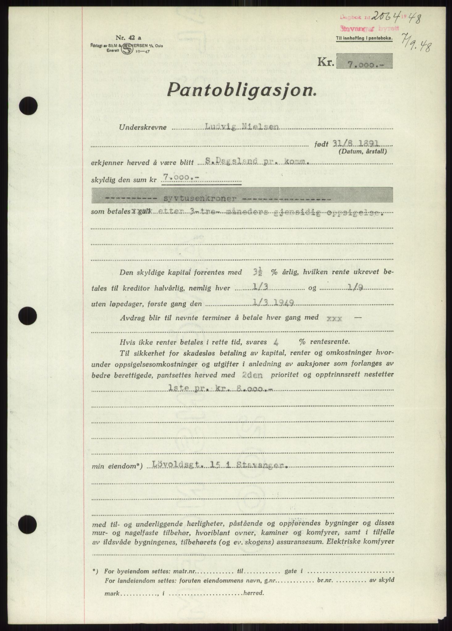 Stavanger byrett, AV/SAST-A-100455/002/G/Gb/L0032: Mortgage book, 1947-1950, Diary no: : 2064/1948