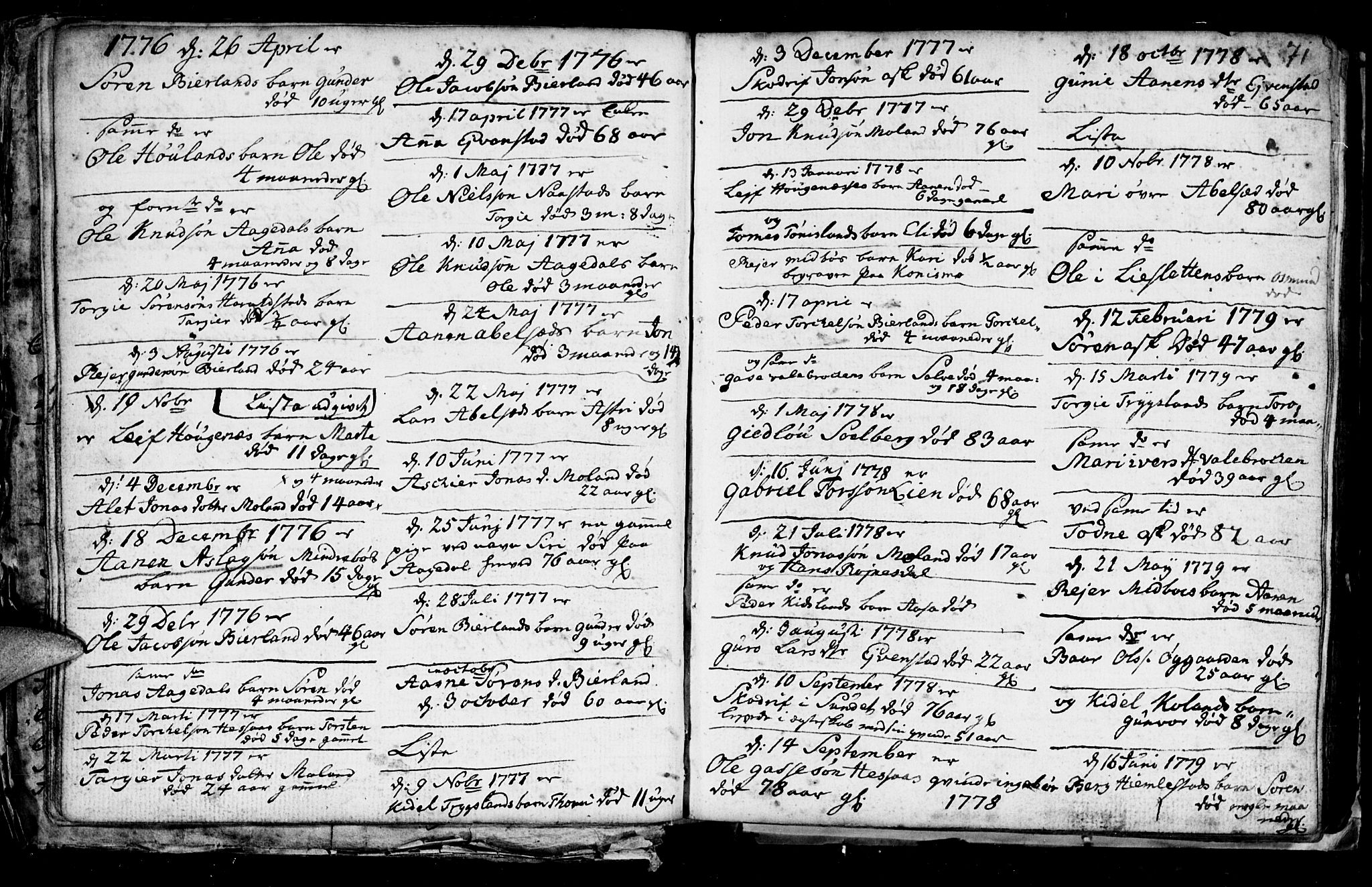 Bjelland sokneprestkontor, AV/SAK-1111-0005/F/Fb/Fba/L0002: Parish register (copy) no. B 2, 1753-1792, p. 71