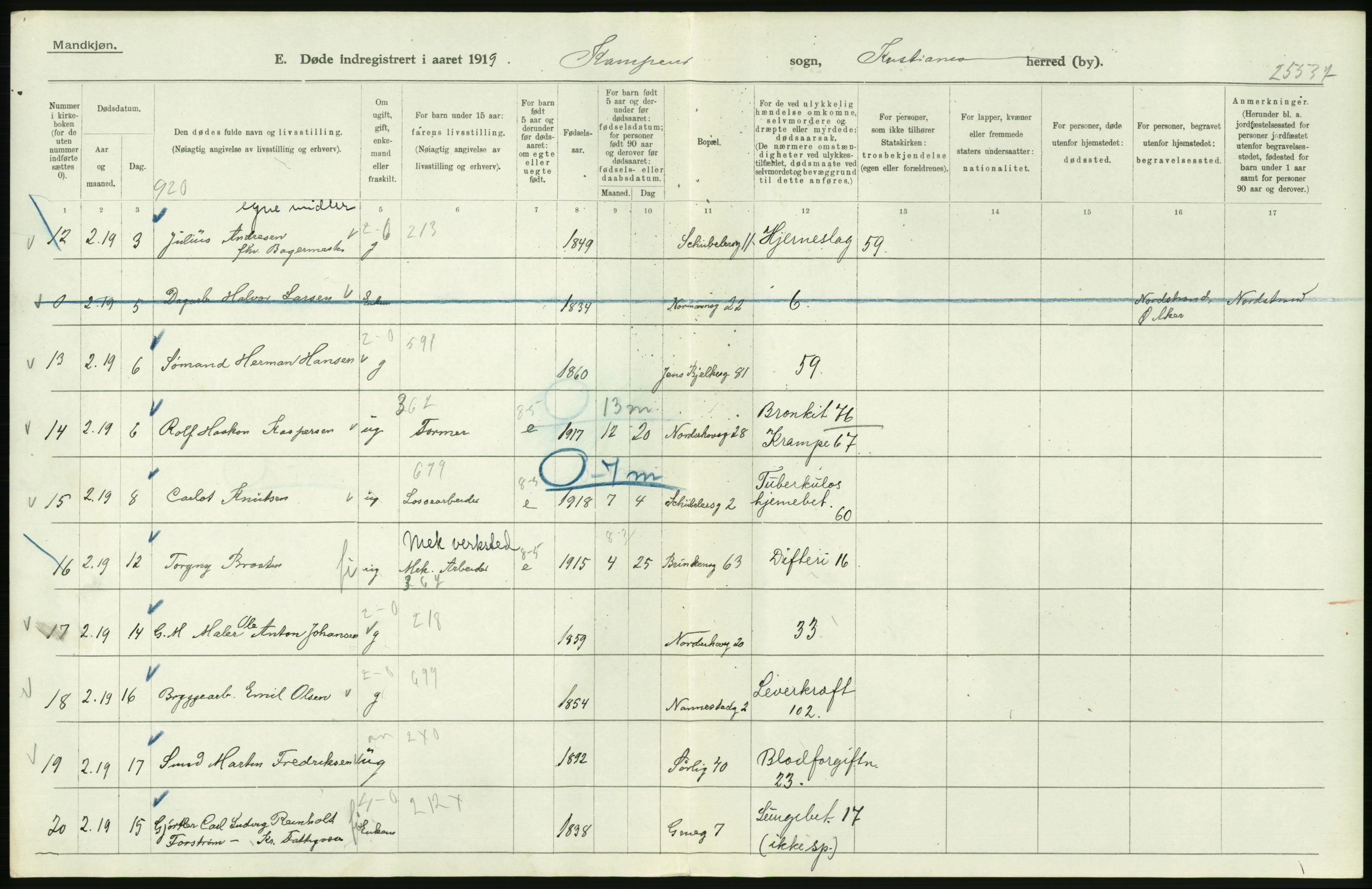 Statistisk sentralbyrå, Sosiodemografiske emner, Befolkning, RA/S-2228/D/Df/Dfb/Dfbi/L0010: Kristiania: Døde, 1919, p. 336