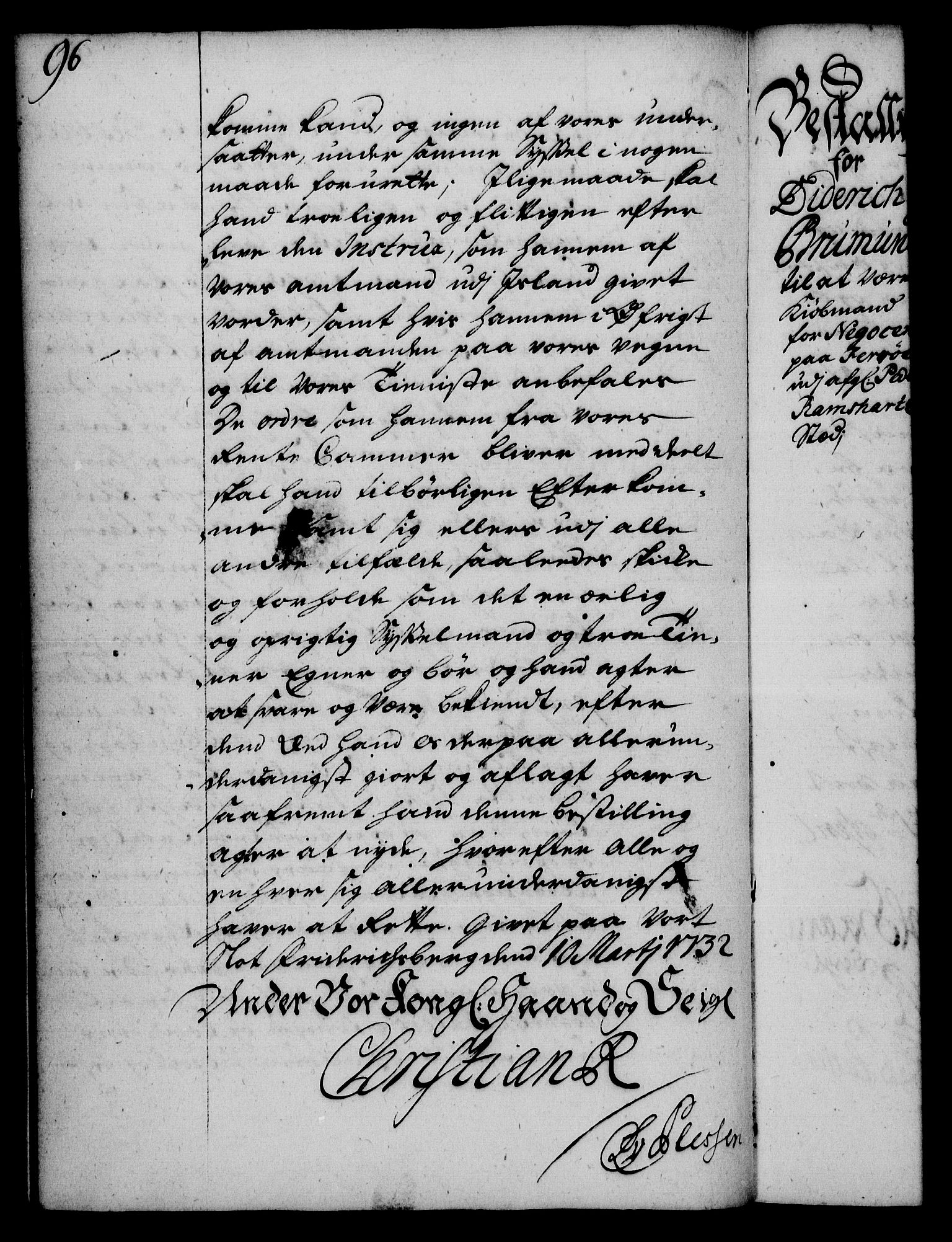 Rentekammeret, Kammerkanselliet, RA/EA-3111/G/Gg/Gge/L0002: Norsk bestallingsprotokoll med register (merket RK 53.26), 1730-1744, p. 96