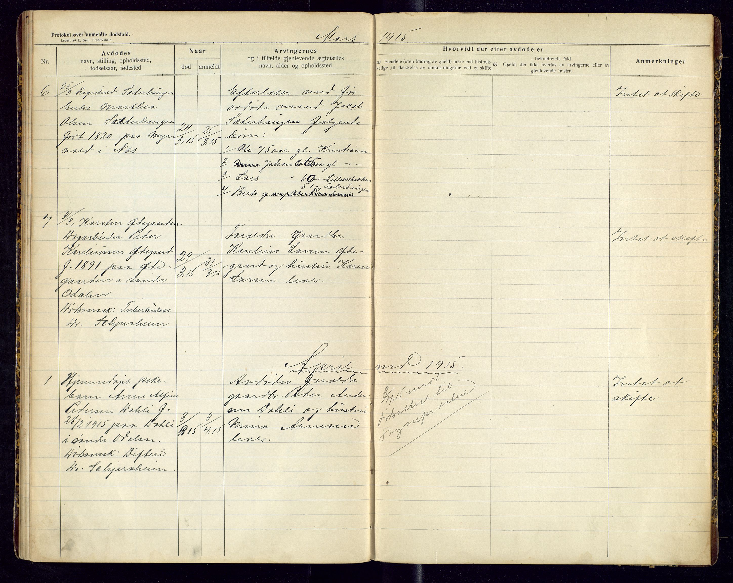 Sør-Odal lensmannskontor, AV/SAH-LHS-022/H/Hb/L0002/0001: Protokoller over anmeldte dødsfall / Protokoll over anmeldte dødsfall, 1913-1915