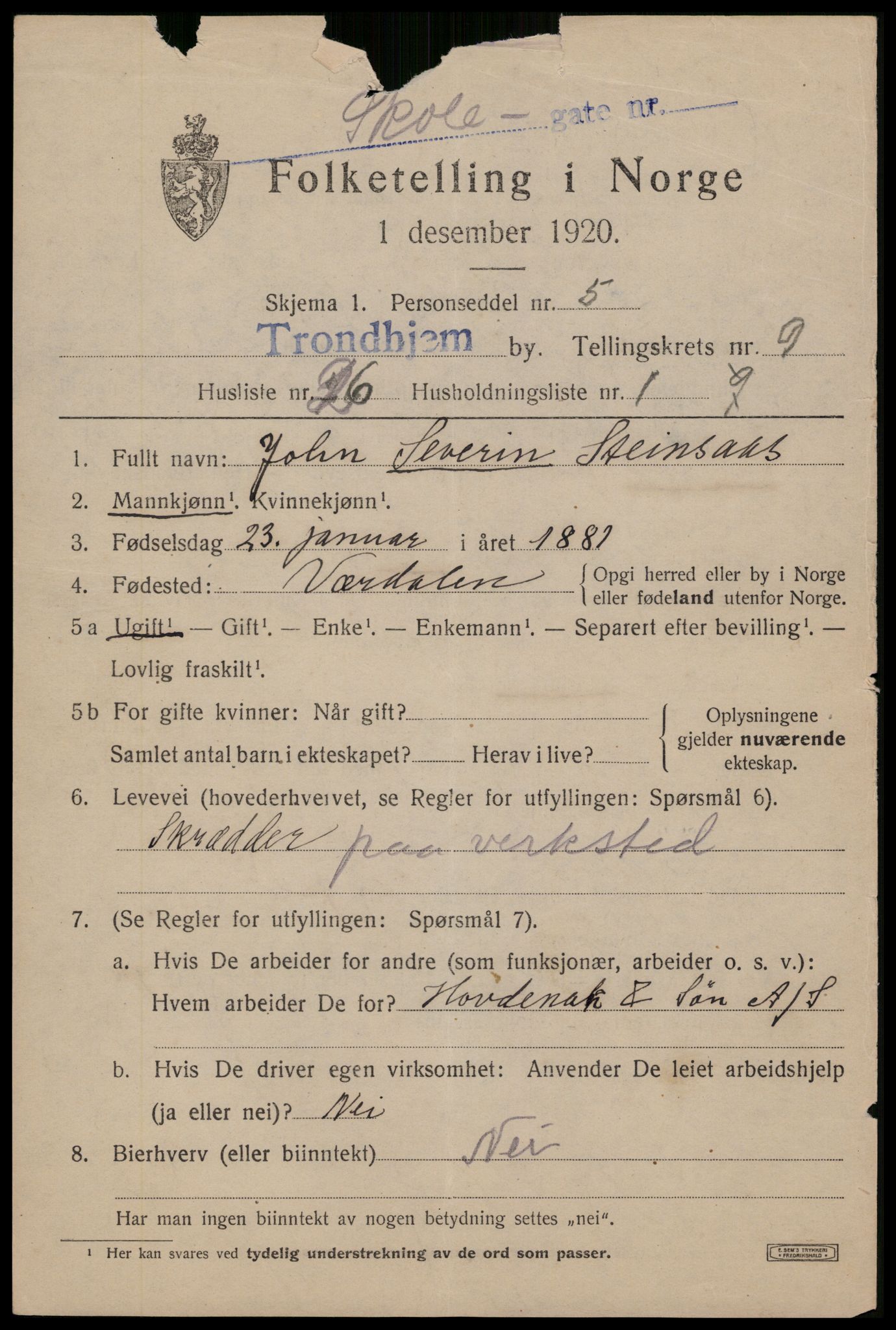 SAT, 1920 census for Trondheim, 1920, p. 44838