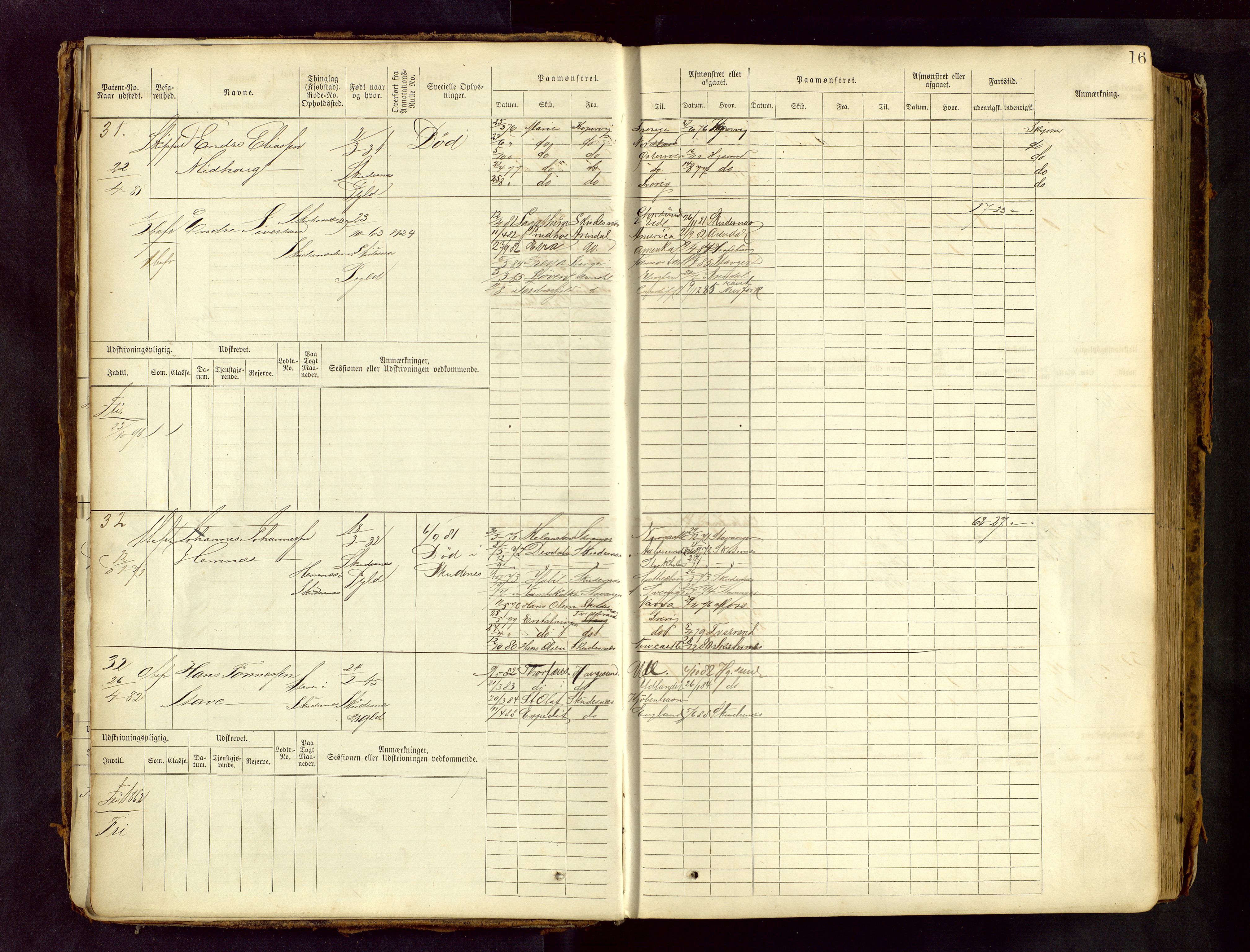 Haugesund sjømannskontor, AV/SAST-A-102007/F/Fb/Fbb/L0001: Sjøfartsrulle Skudenes krets No 1 - 958, 1860-1948, p. 16