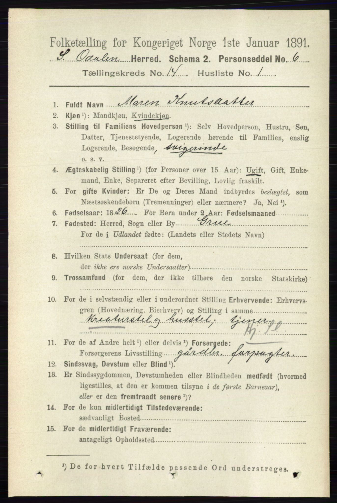 RA, 1891 census for 0419 Sør-Odal, 1891, p. 5990