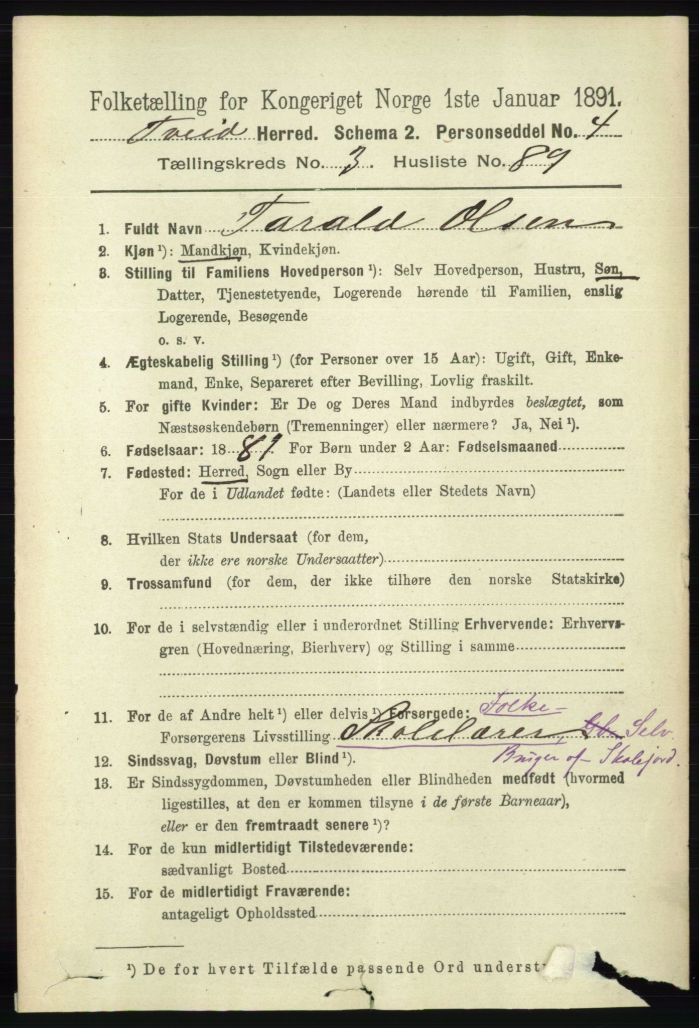 RA, 1891 census for 1013 Tveit, 1891, p. 1737