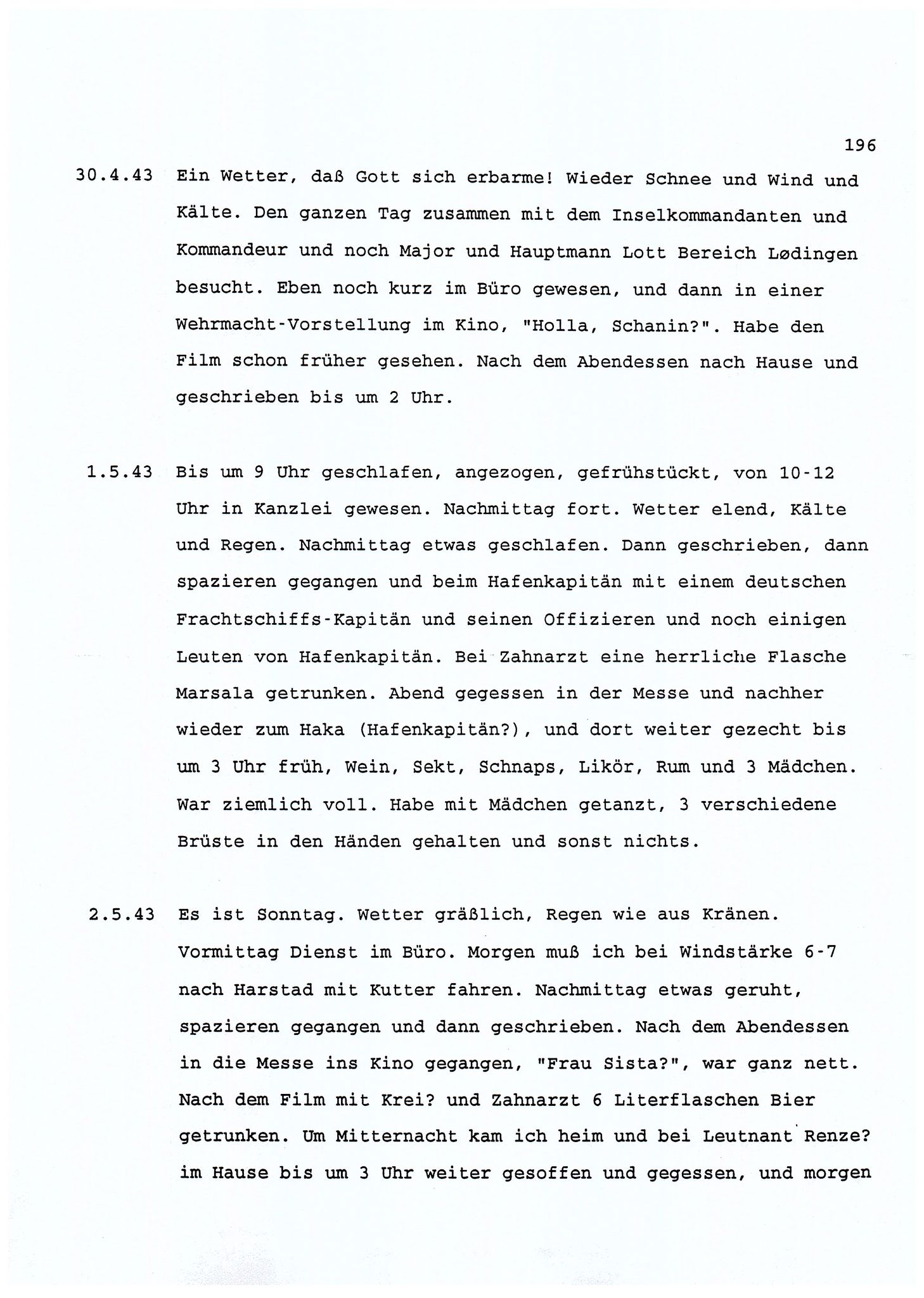 Dagbokopptegnelser av en tysk marineoffiser stasjonert i Norge , FMFB/A-1160/F/L0001: Dagbokopptegnelser av en tysk marineoffiser stasjonert i Norge, 1941-1944, p. 196