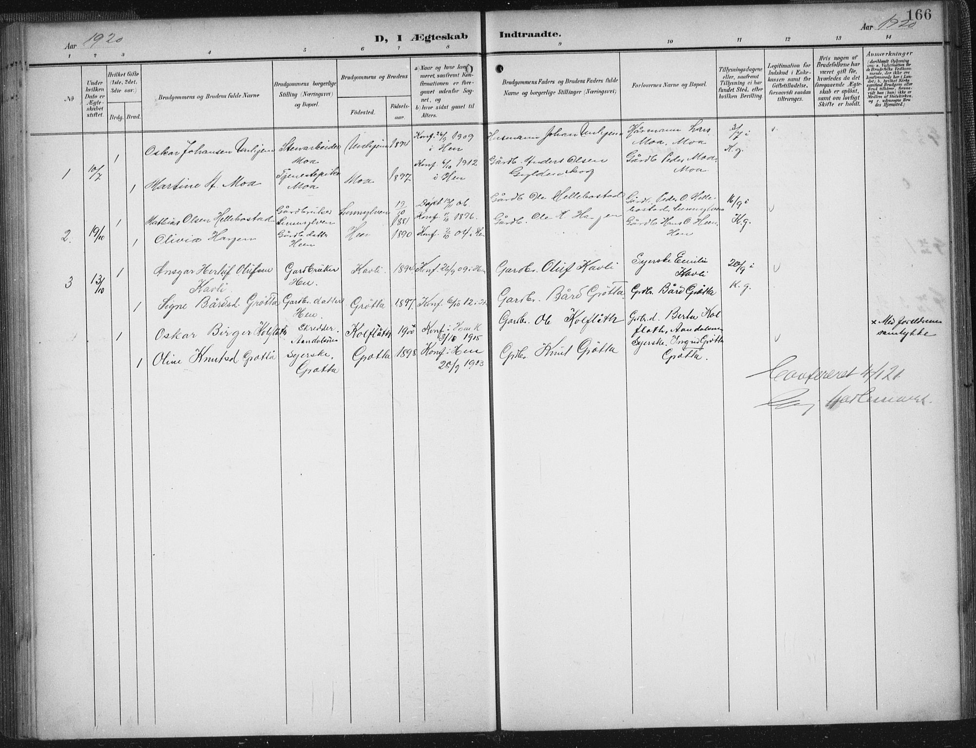 Ministerialprotokoller, klokkerbøker og fødselsregistre - Møre og Romsdal, AV/SAT-A-1454/545/L0589: Parish register (copy) no. 545C03, 1902-1937, p. 166