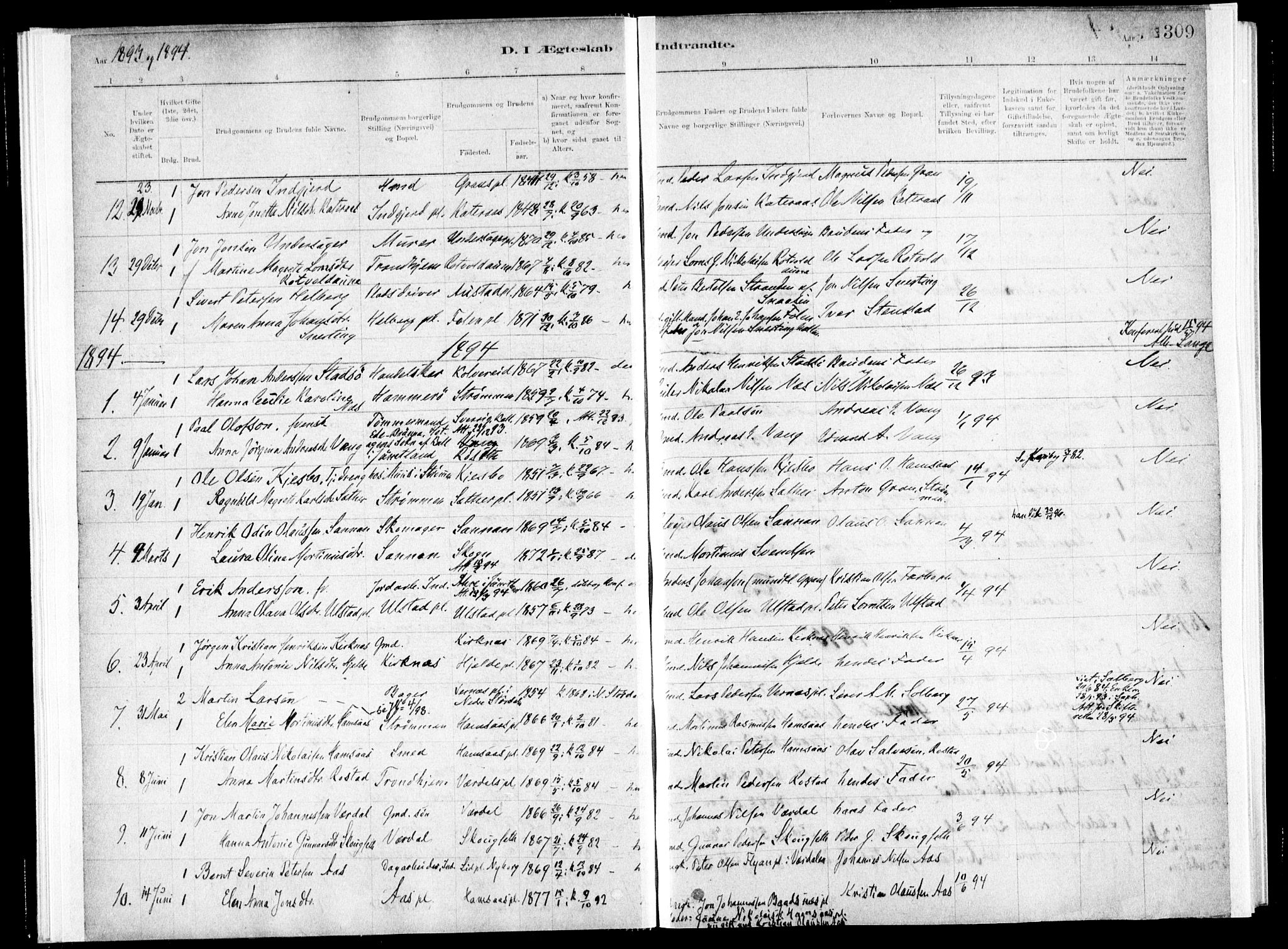 Ministerialprotokoller, klokkerbøker og fødselsregistre - Nord-Trøndelag, SAT/A-1458/730/L0285: Parish register (official) no. 730A10, 1879-1914, p. 309