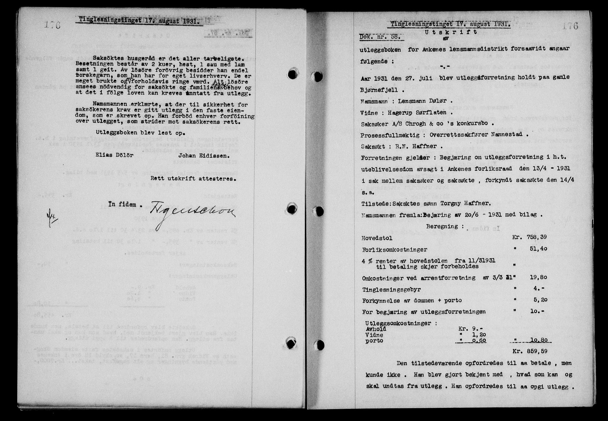 Steigen og Ofoten sorenskriveri, AV/SAT-A-0030/1/2/2C/L0019: Mortgage book no. 22, 1931-1931, Deed date: 17.08.1931