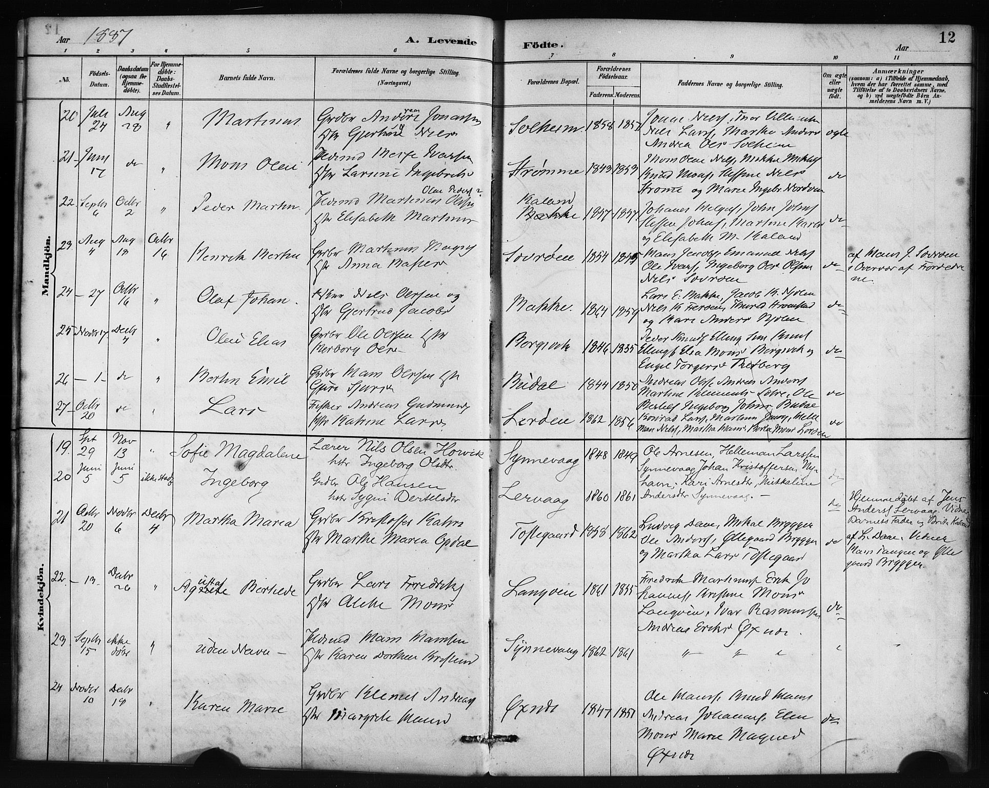 Lindås Sokneprestembete, AV/SAB-A-76701/H/Haa/Haac/L0001: Parish register (official) no. C 1, 1886-1896, p. 12