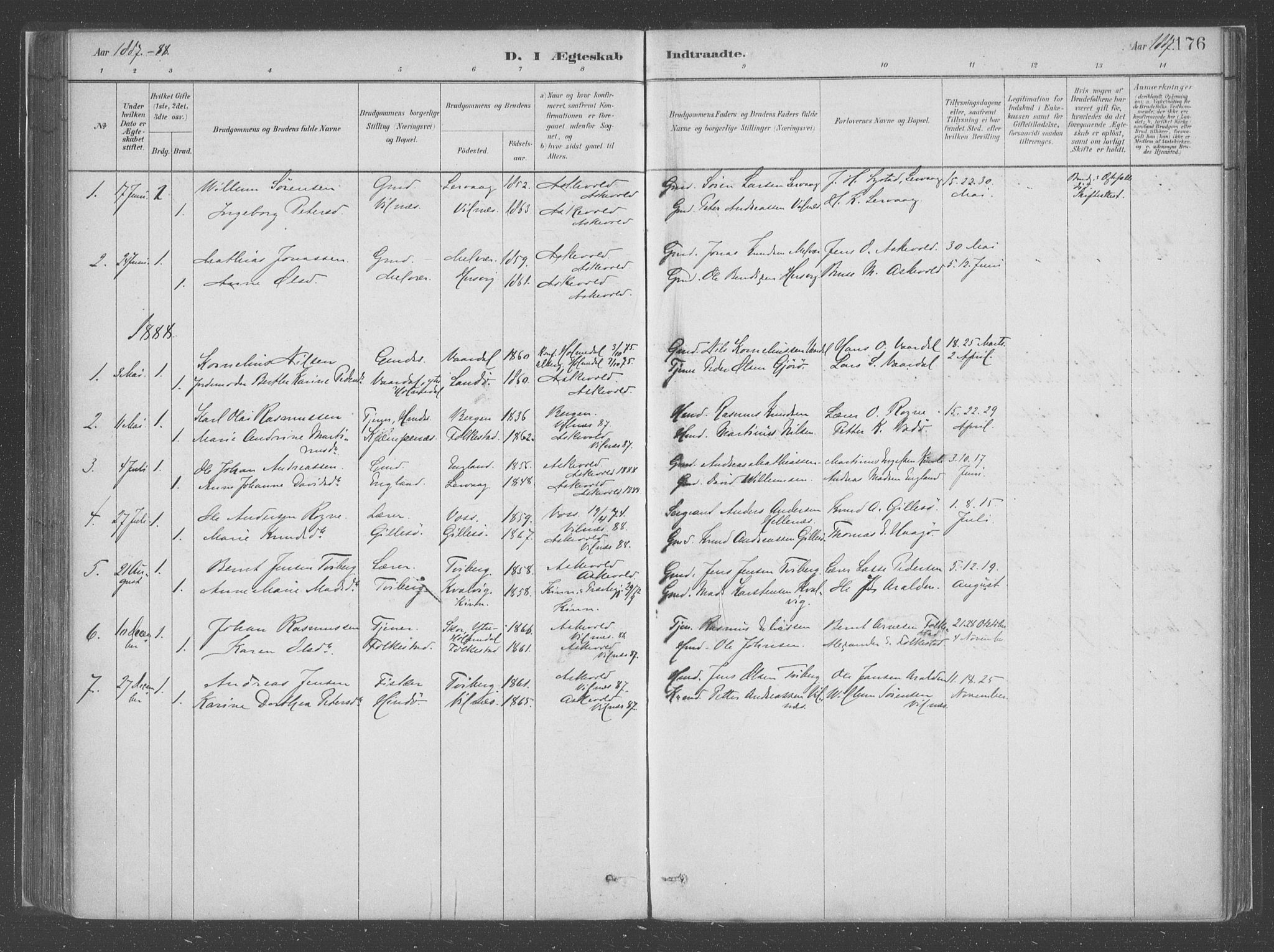 Askvoll sokneprestembete, SAB/A-79501/H/Haa/Haac/L0001: Parish register (official) no. C  1, 1879-1922, p. 176