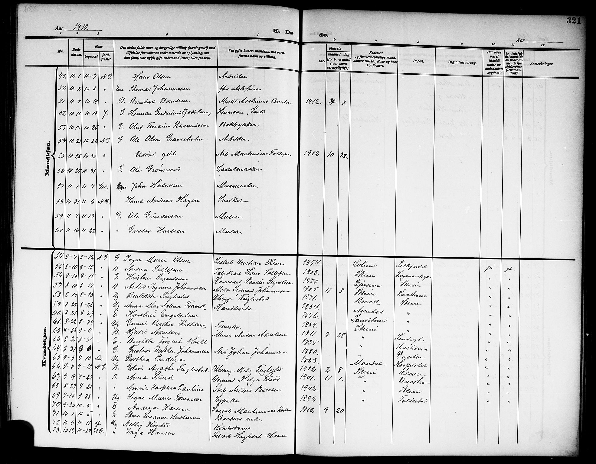 Skien kirkebøker, AV/SAKO-A-302/G/Ga/L0009: Parish register (copy) no. 9, 1910-1920, p. 321