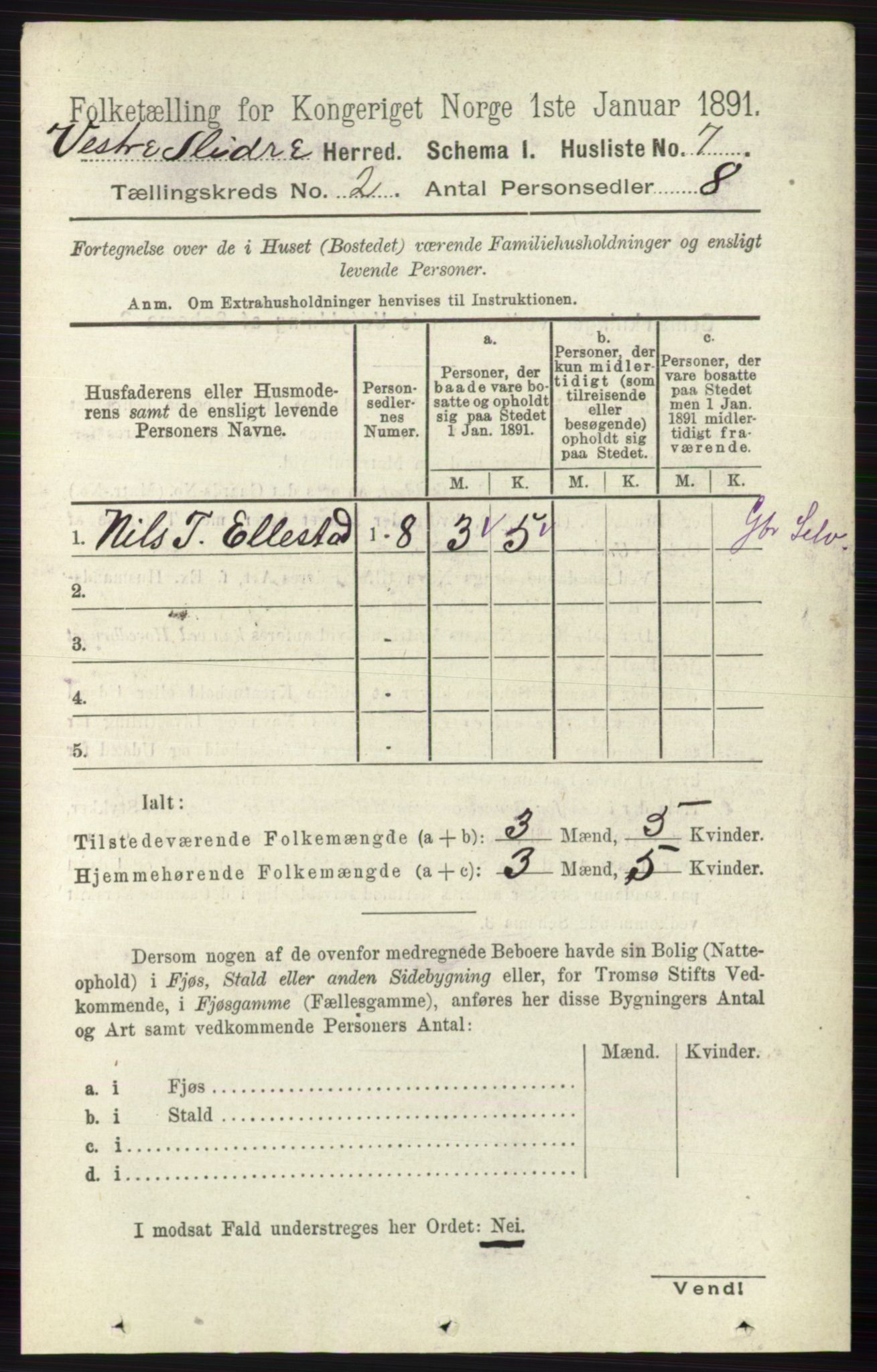 RA, 1891 census for 0543 Vestre Slidre, 1891, p. 465