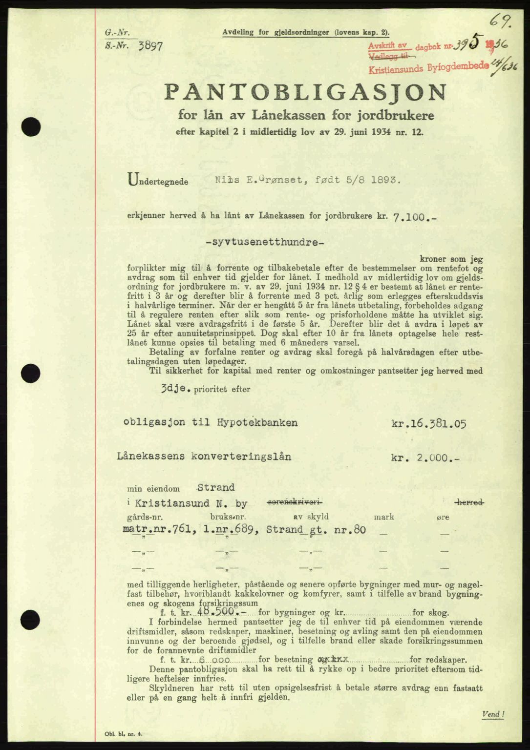 Kristiansund byfogd, AV/SAT-A-4587/A/27: Mortgage book no. 29, 1936-1937, Diary no: : 395/1936