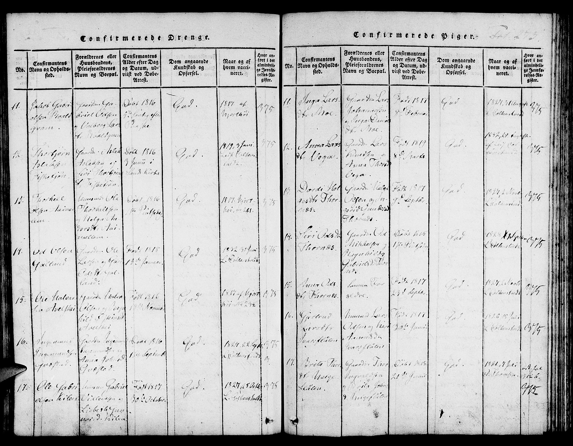 Suldal sokneprestkontor, SAST/A-101845/01/IV/L0006: Parish register (official) no. A 6, 1816-1836, p. 273