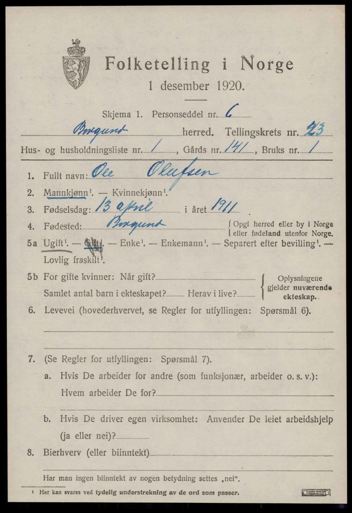 SAT, 1920 census for Borgund, 1920, p. 16344