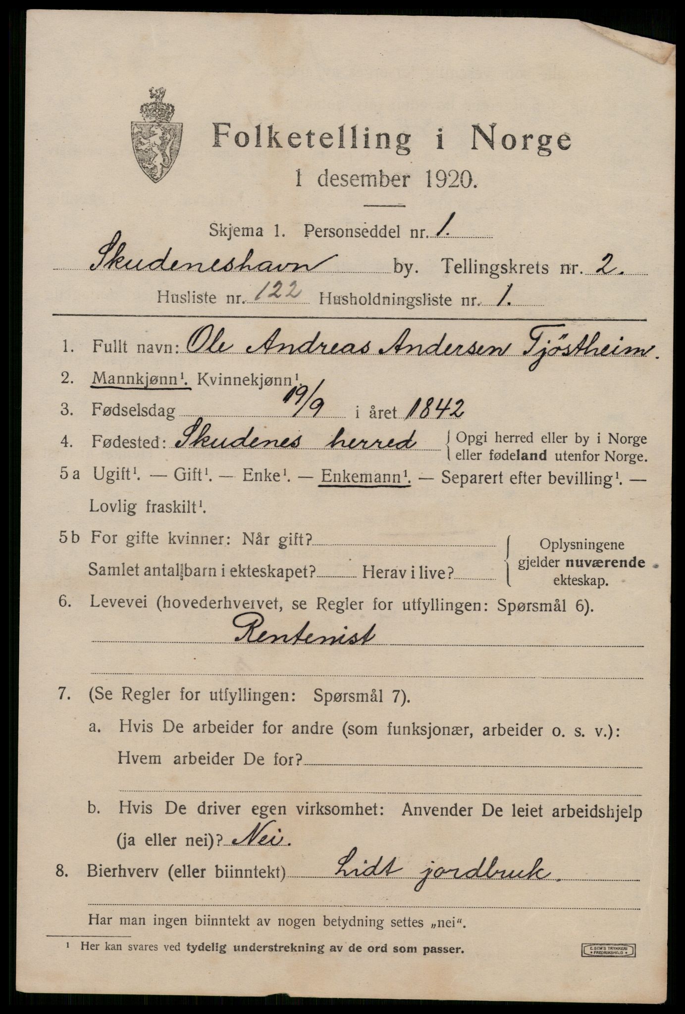 SAST, 1920 census for Skudeneshavn, 1920, p. 3809