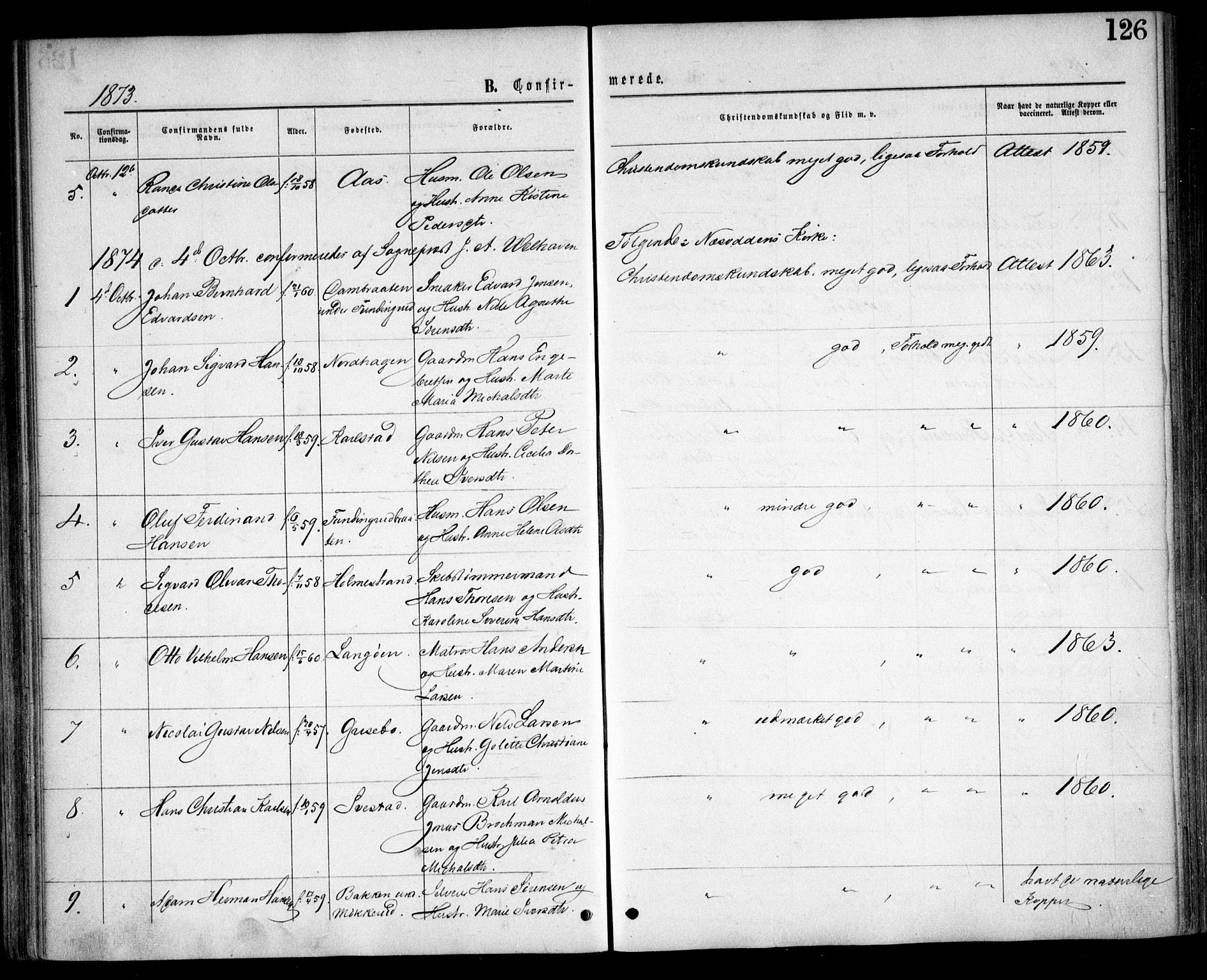 Nesodden prestekontor Kirkebøker, AV/SAO-A-10013/F/Fa/L0008: Parish register (official) no. I 8, 1869-1879, p. 126