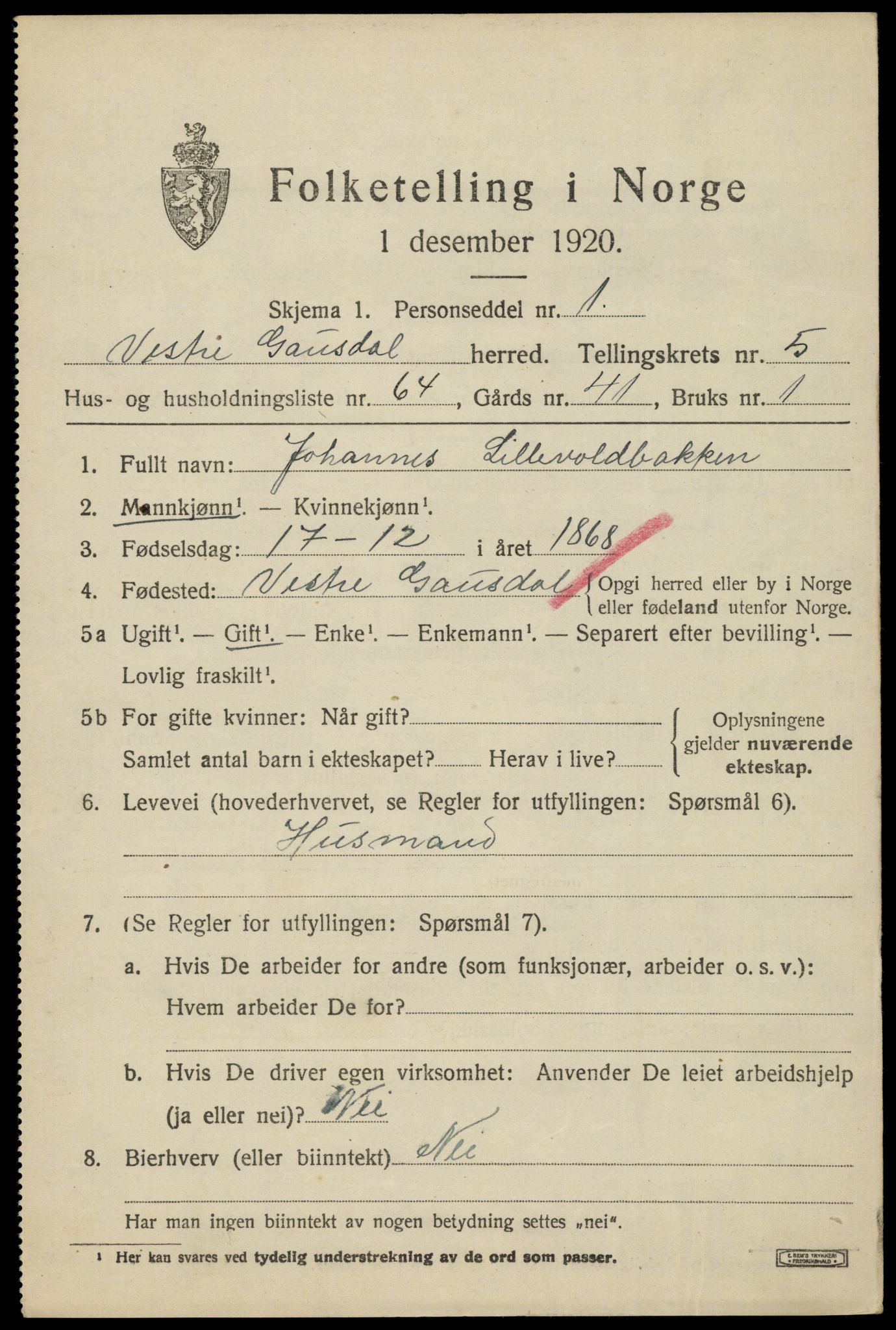 SAH, 1920 census for Vestre Gausdal, 1920, p. 4385