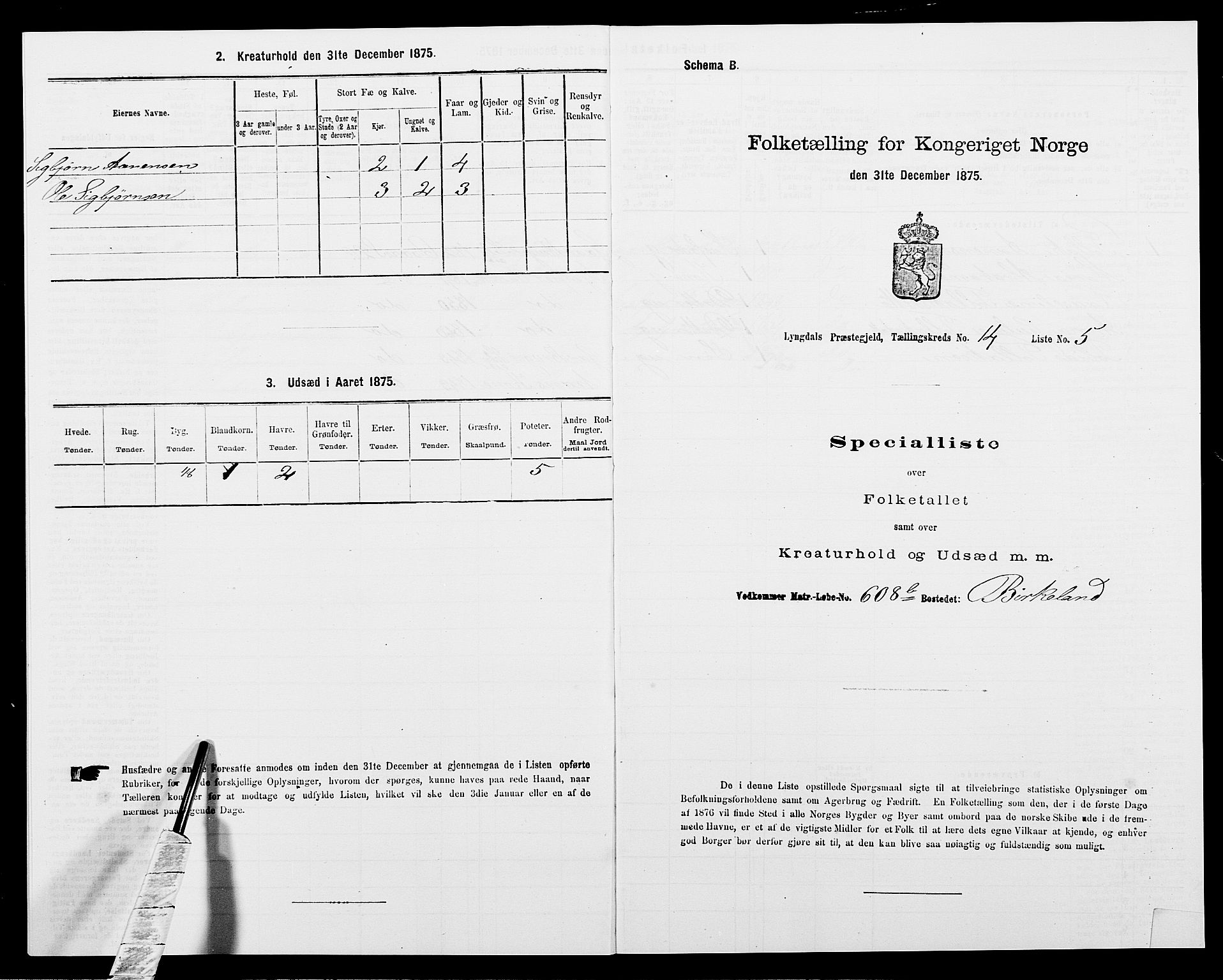 SAK, 1875 census for 1032P Lyngdal, 1875, p. 2023