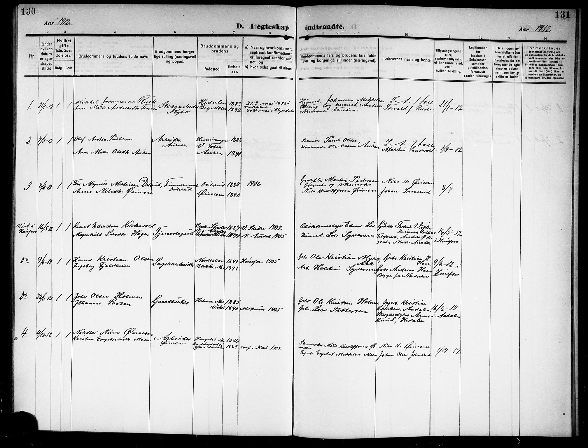 Ådal kirkebøker, AV/SAKO-A-248/G/Gb/L0002: Parish register (copy) no. II 2, 1909-1920, p. 130-131