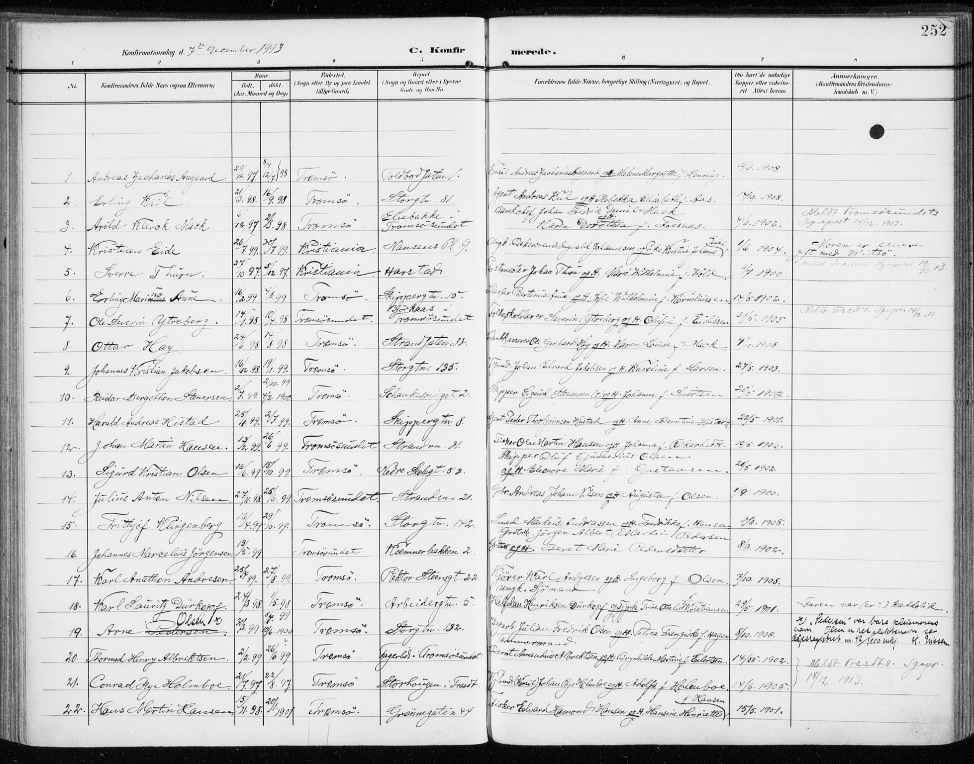 Tromsø sokneprestkontor/stiftsprosti/domprosti, SATØ/S-1343/G/Ga/L0017kirke: Parish register (official) no. 17, 1907-1917, p. 252