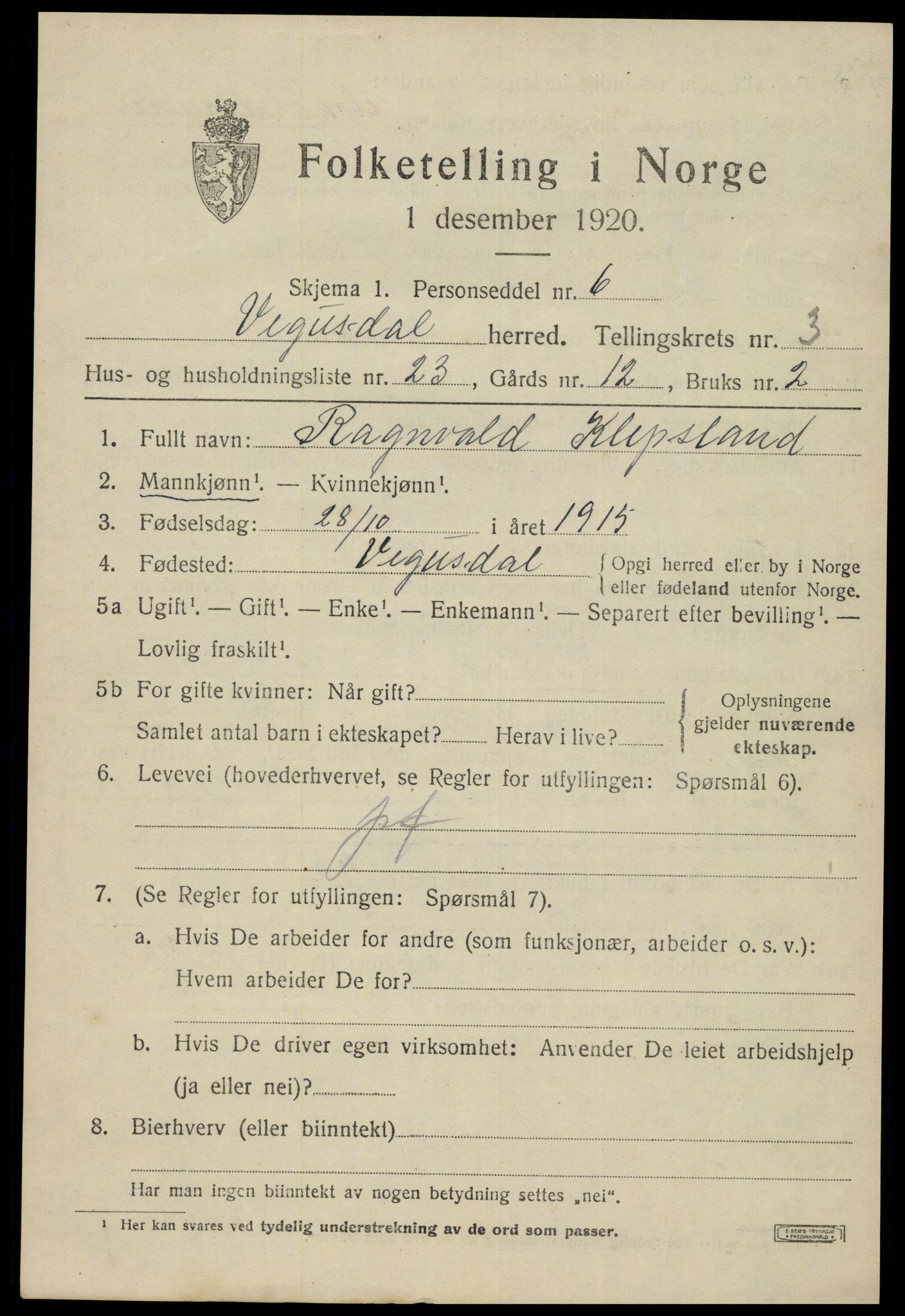 SAK, 1920 census for Vegusdal, 1920, p. 1055