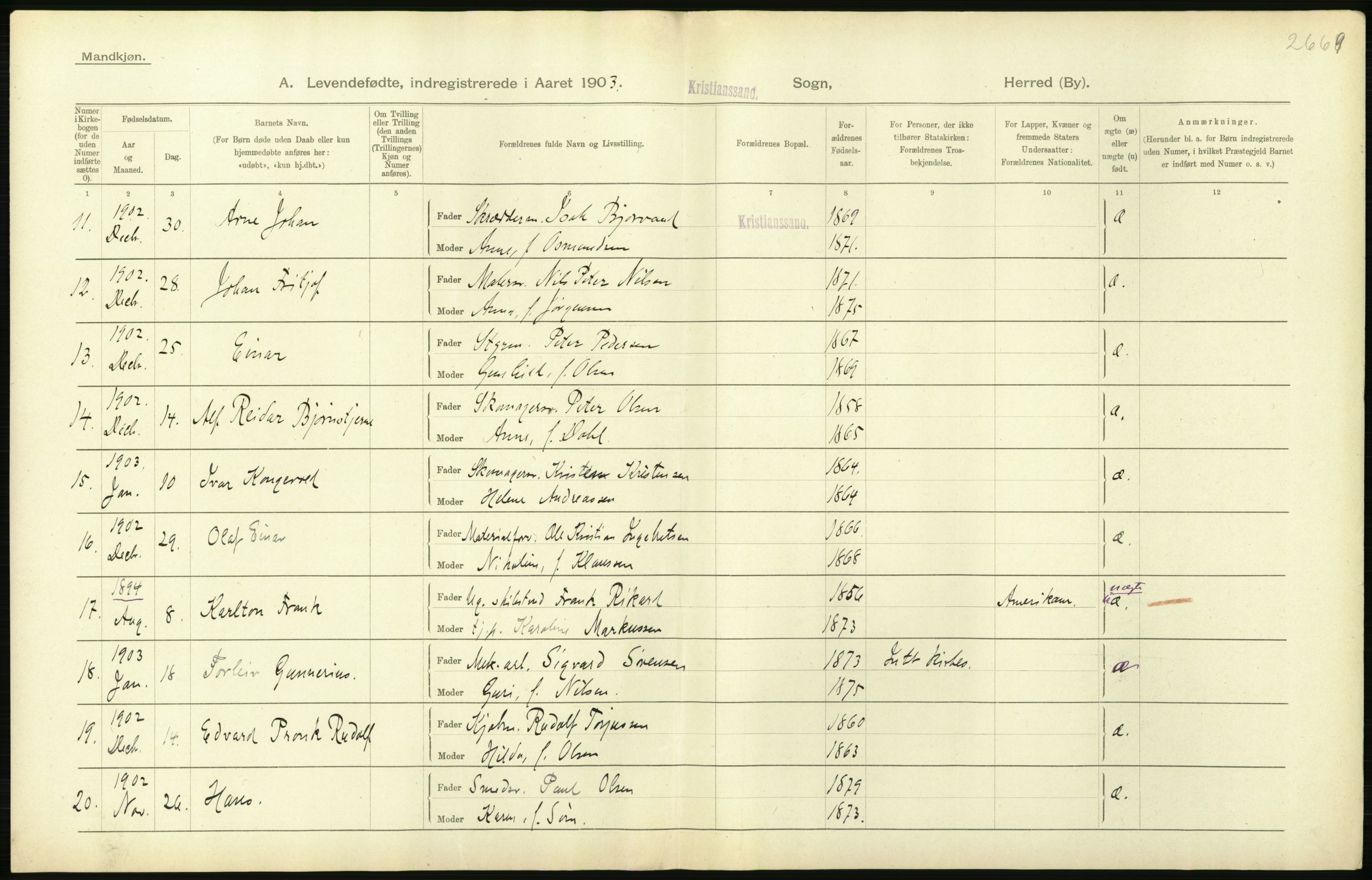 Statistisk sentralbyrå, Sosiodemografiske emner, Befolkning, AV/RA-S-2228/D/Df/Dfa/Dfaa/L0011: Lister og Mandal amt: Fødte, gifte, døde, 1903, p. 270