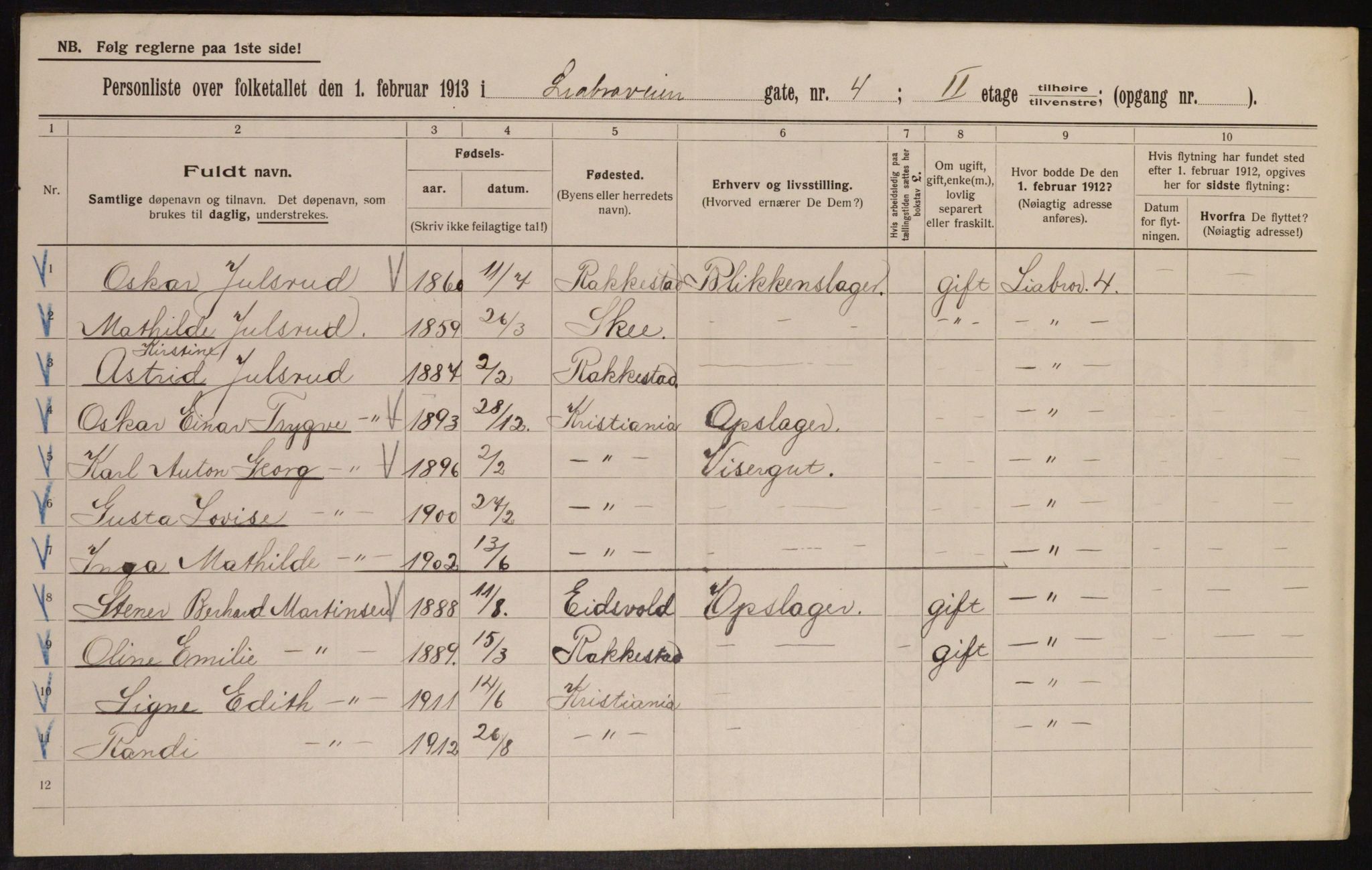 OBA, Municipal Census 1913 for Kristiania, 1913, p. 57572