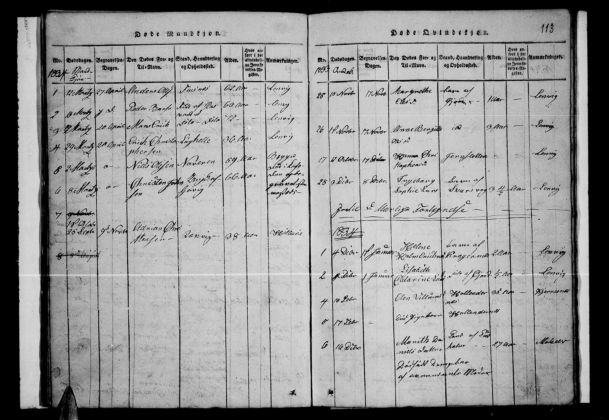 Lenvik sokneprestembete, AV/SATØ-S-1310/H/Ha/Hab/L0001klokker: Parish register (copy) no. 1, 1822-1837, p. 113