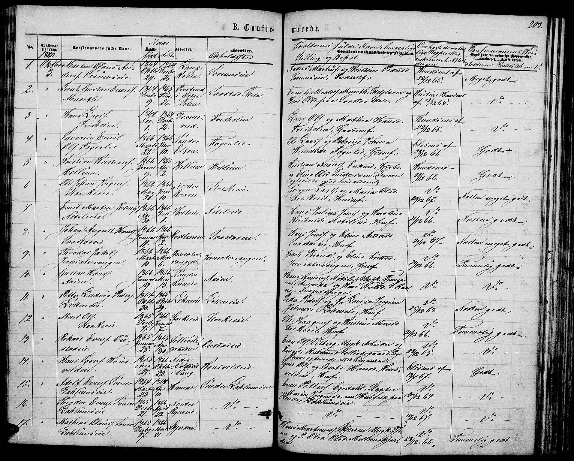 Stange prestekontor, SAH/PREST-002/L/L0006: Parish register (copy) no. 6, 1864-1882, p. 203