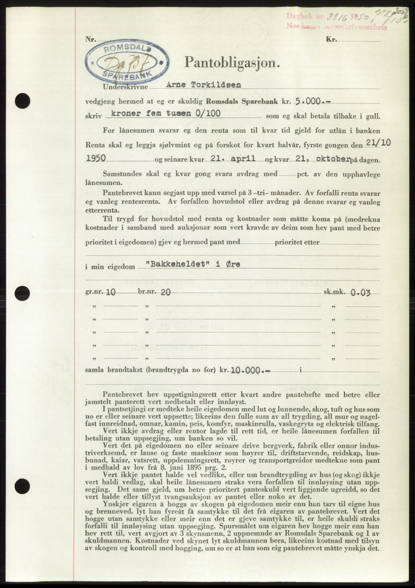 Nordmøre sorenskriveri, AV/SAT-A-4132/1/2/2Ca: Mortgage book no. B106, 1950-1950, Diary no: : 3316/1950