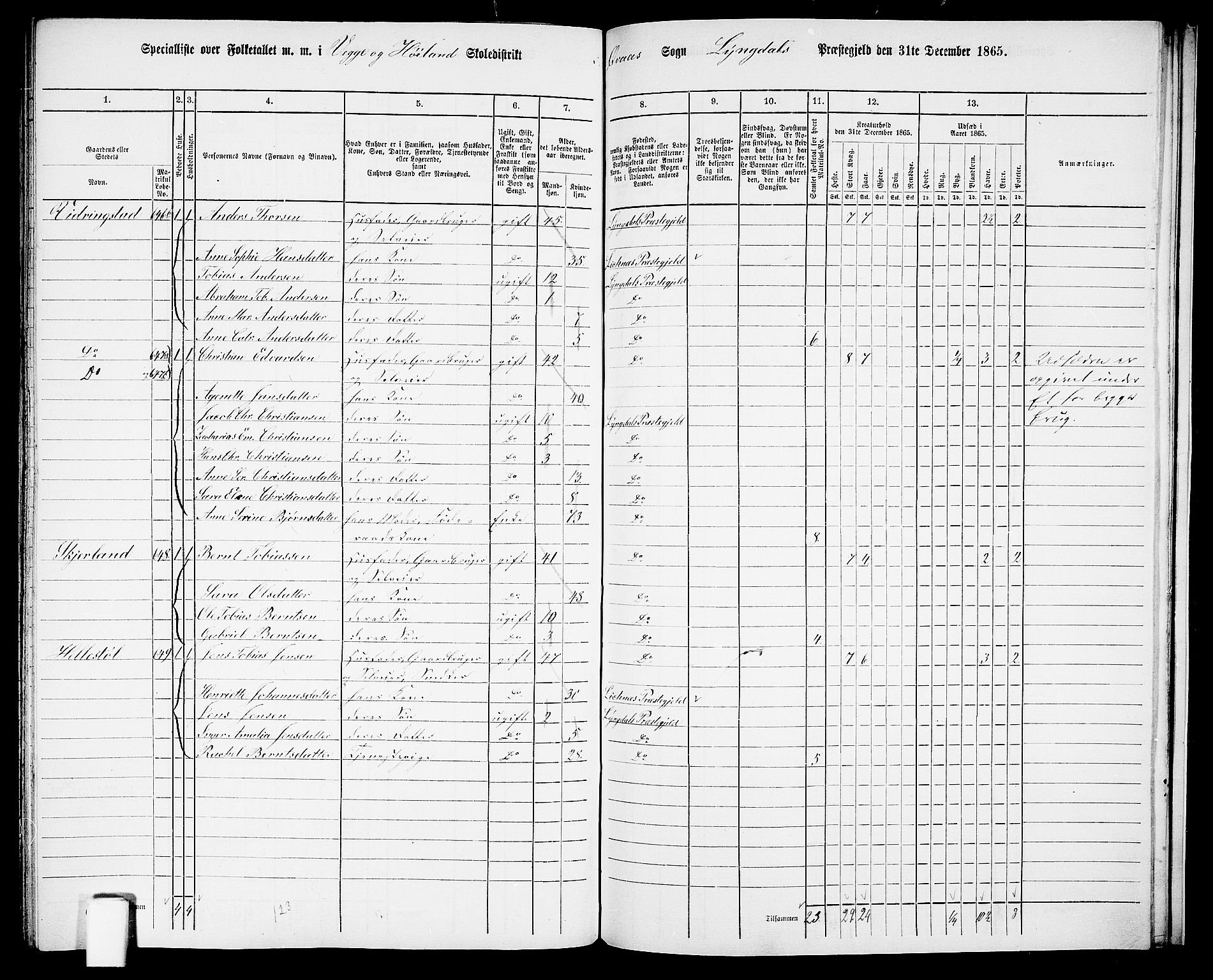 RA, 1865 census for Lyngdal, 1865, p. 231