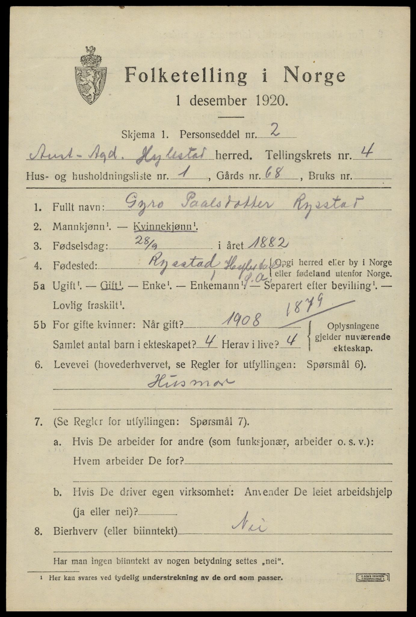 SAK, 1920 census for Hylestad, 1920, p. 1112