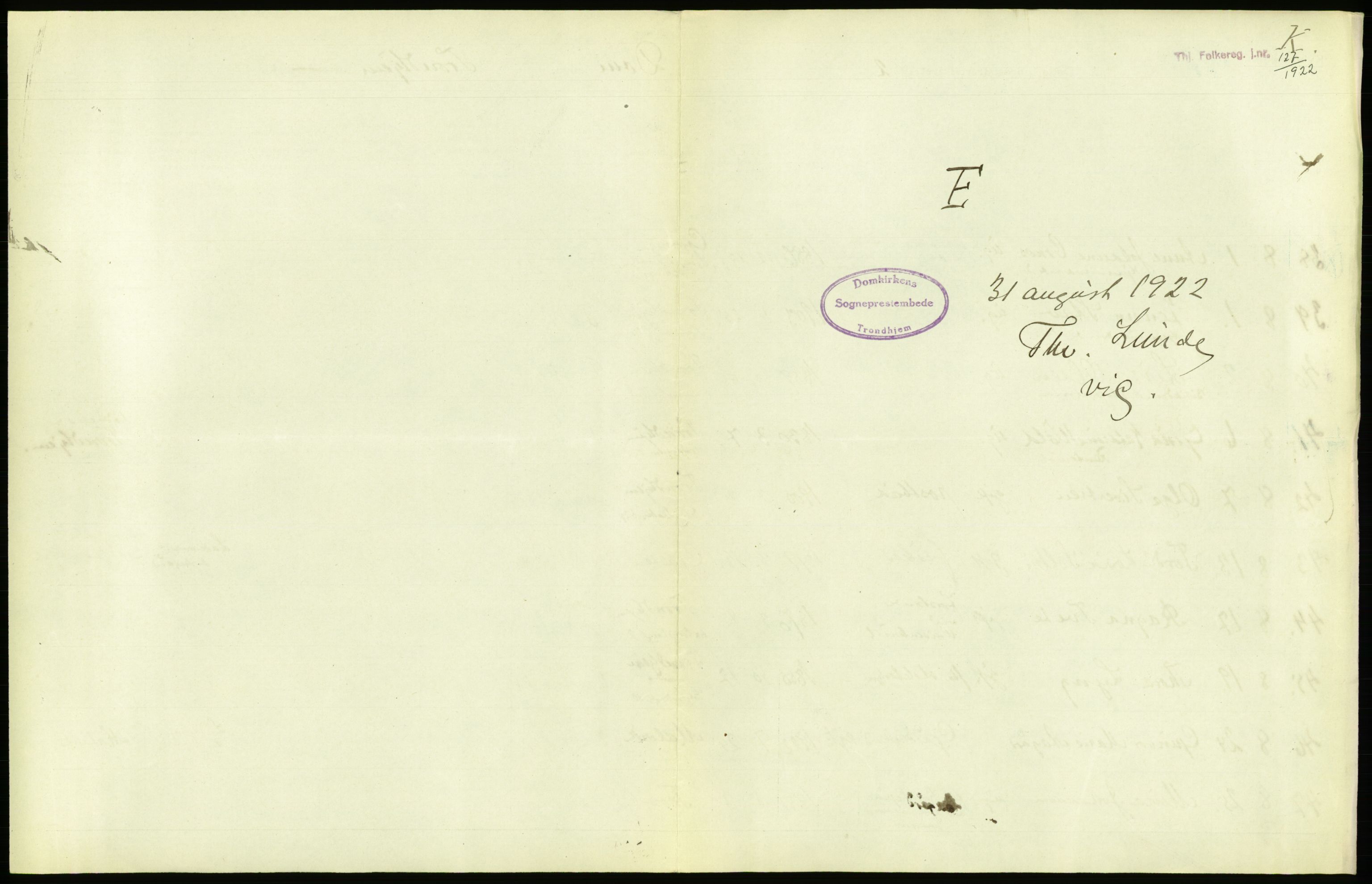 Statistisk sentralbyrå, Sosiodemografiske emner, Befolkning, AV/RA-S-2228/D/Df/Dfc/Dfcb/L0040: Trondheim: Gifte, døde, dødfødte., 1922, p. 221