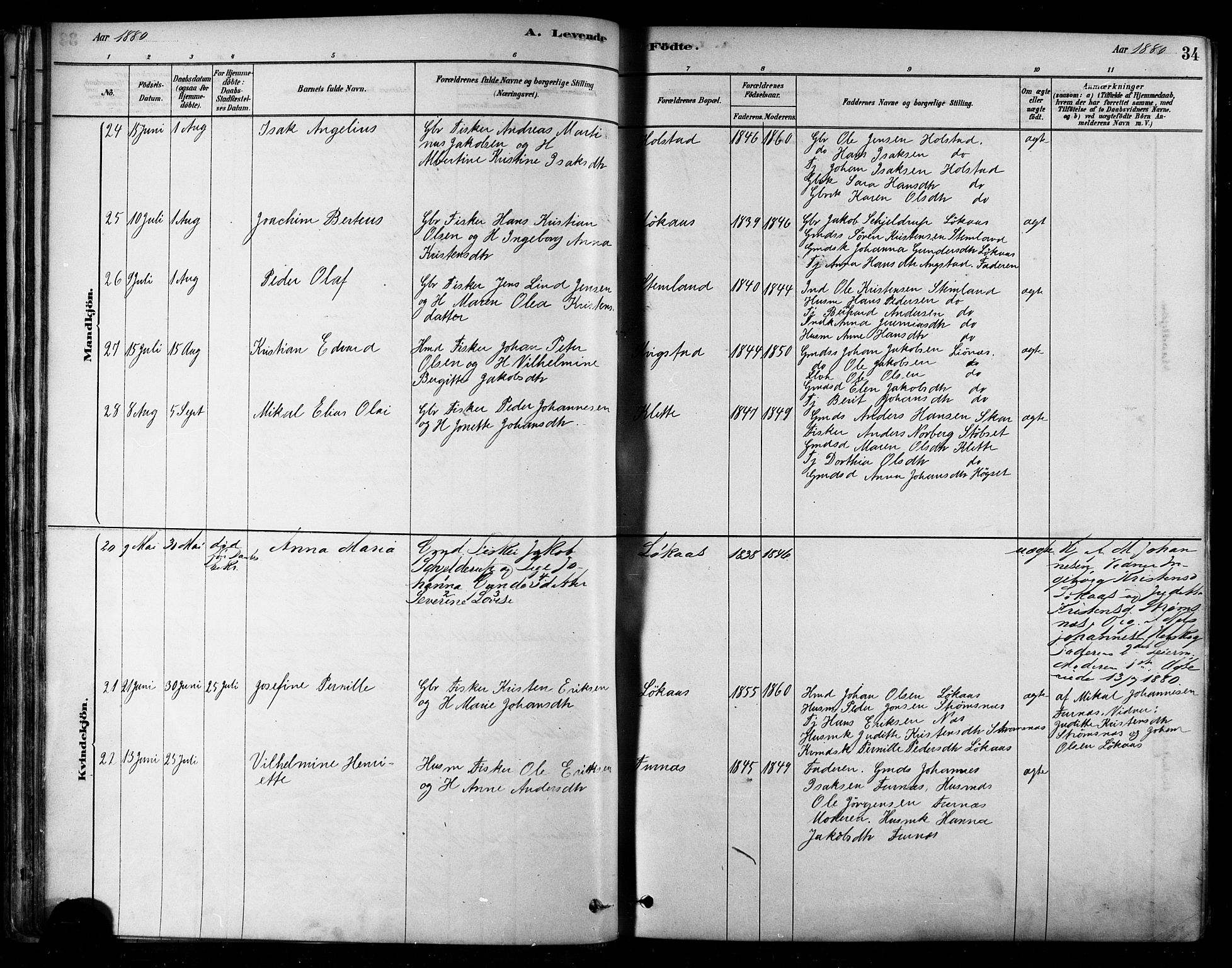 Ministerialprotokoller, klokkerbøker og fødselsregistre - Nordland, SAT/A-1459/852/L0740: Parish register (official) no. 852A10, 1878-1894, p. 34