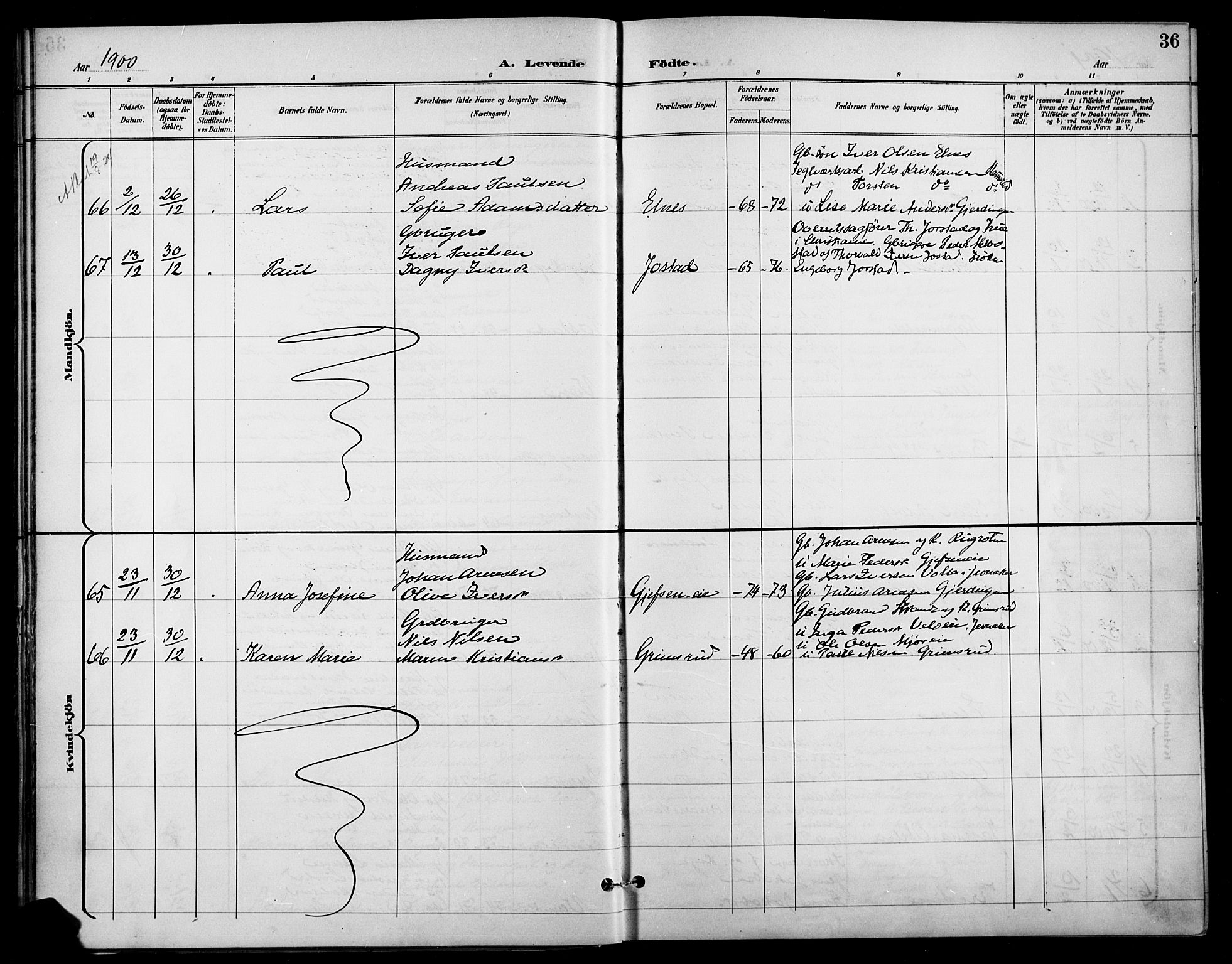 Gran prestekontor, SAH/PREST-112/H/Ha/Haa/L0019: Parish register (official) no. 19, 1898-1907, p. 36