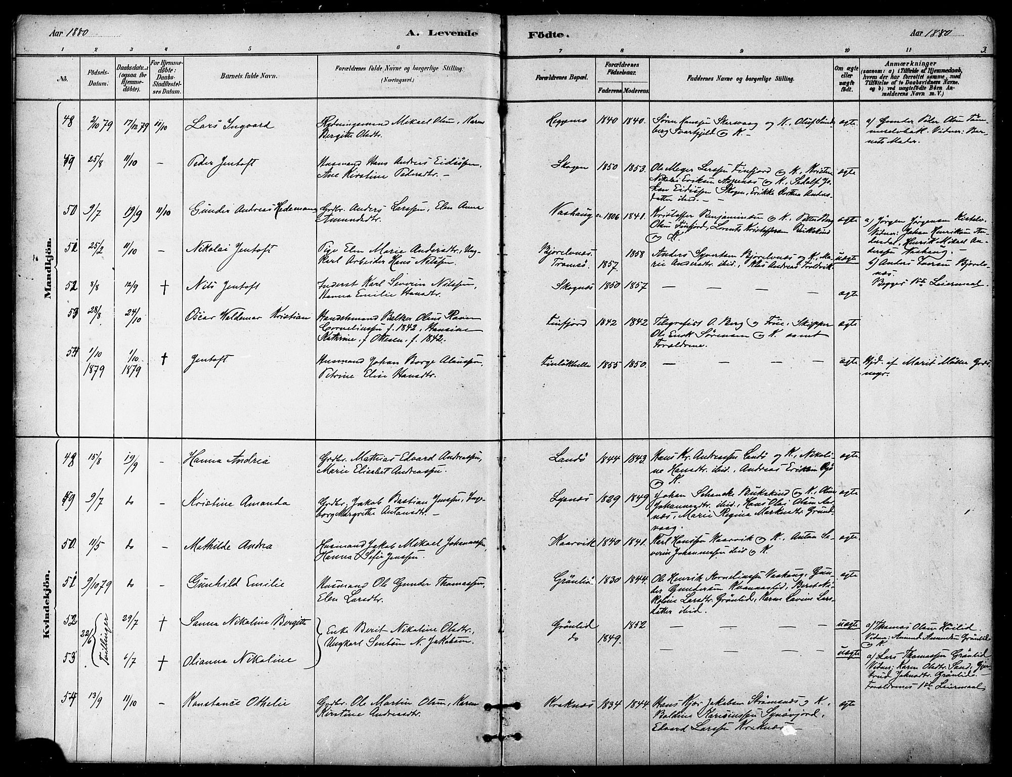 Lenvik sokneprestembete, SATØ/S-1310/H/Ha/Haa/L0011kirke: Parish register (official) no. 11, 1880-1889, p. 3