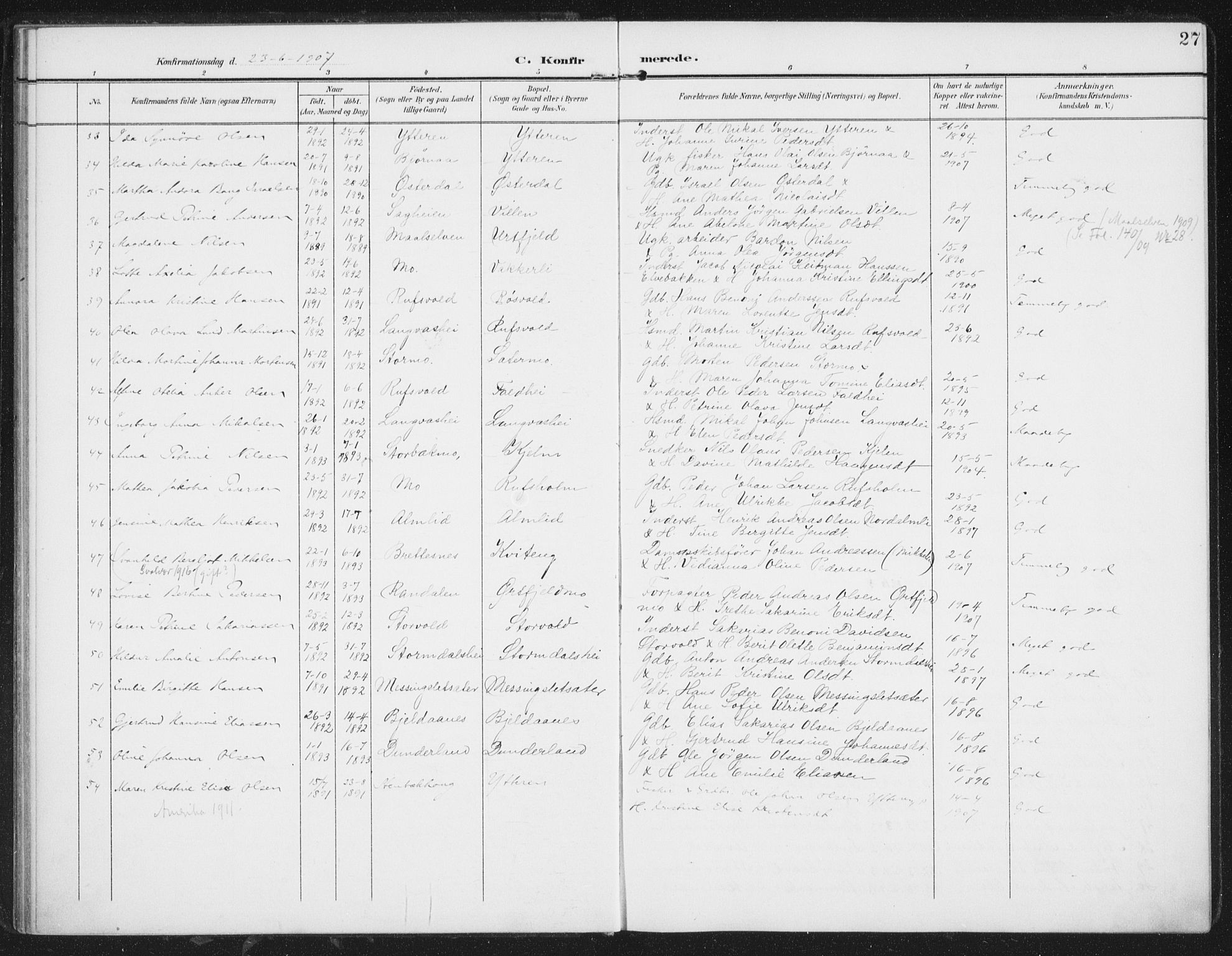 Ministerialprotokoller, klokkerbøker og fødselsregistre - Nordland, AV/SAT-A-1459/827/L0403: Parish register (official) no. 827A15, 1903-1912, p. 27