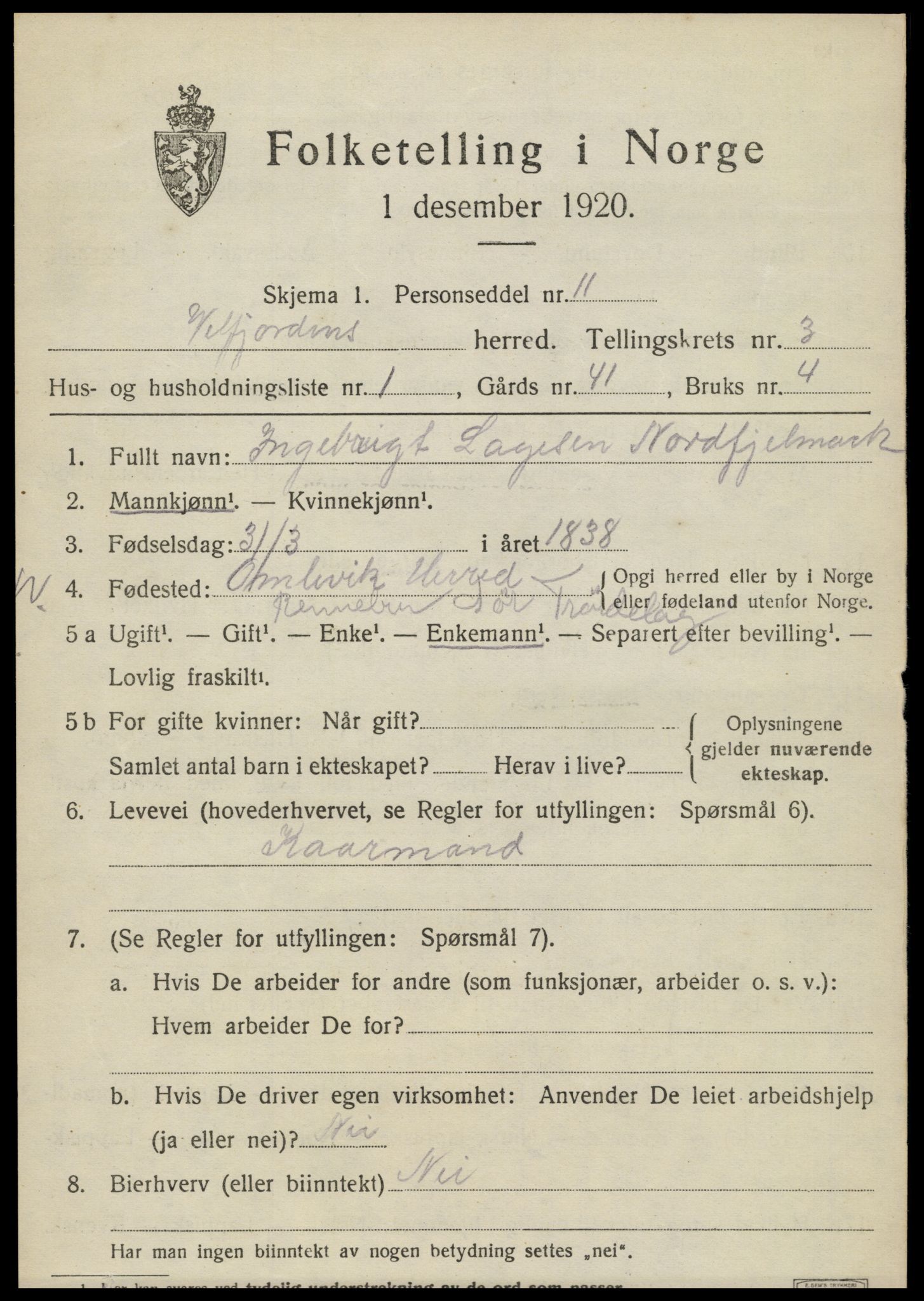 SAT, 1920 census for Velfjord, 1920, p. 2157