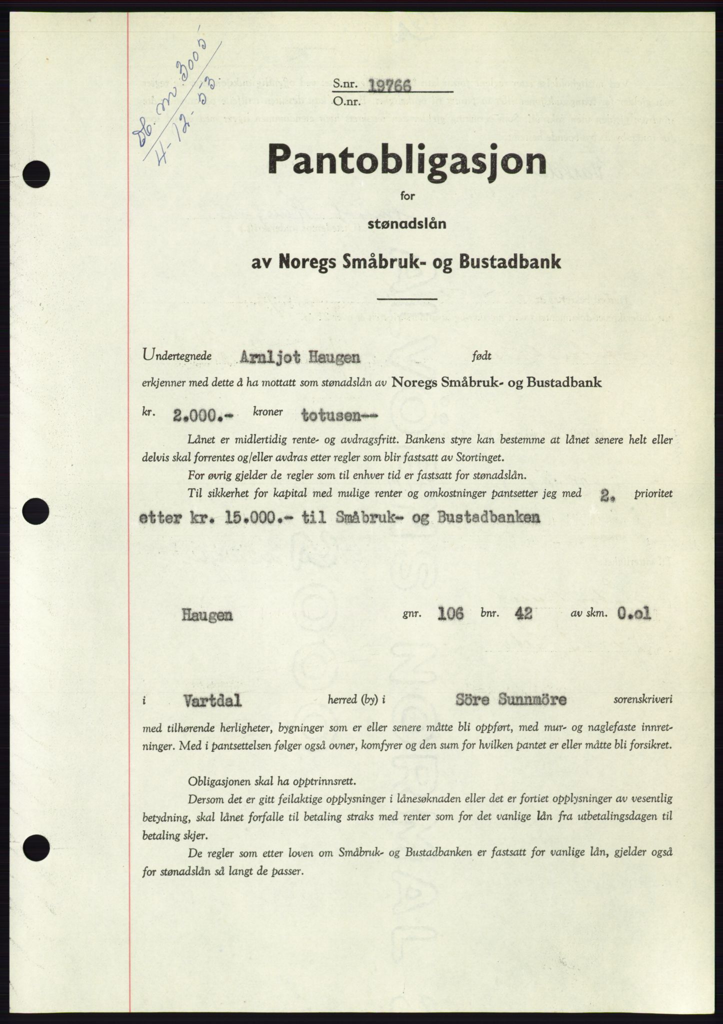 Søre Sunnmøre sorenskriveri, AV/SAT-A-4122/1/2/2C/L0124: Mortgage book no. 12B, 1953-1954, Diary no: : 3005/1953